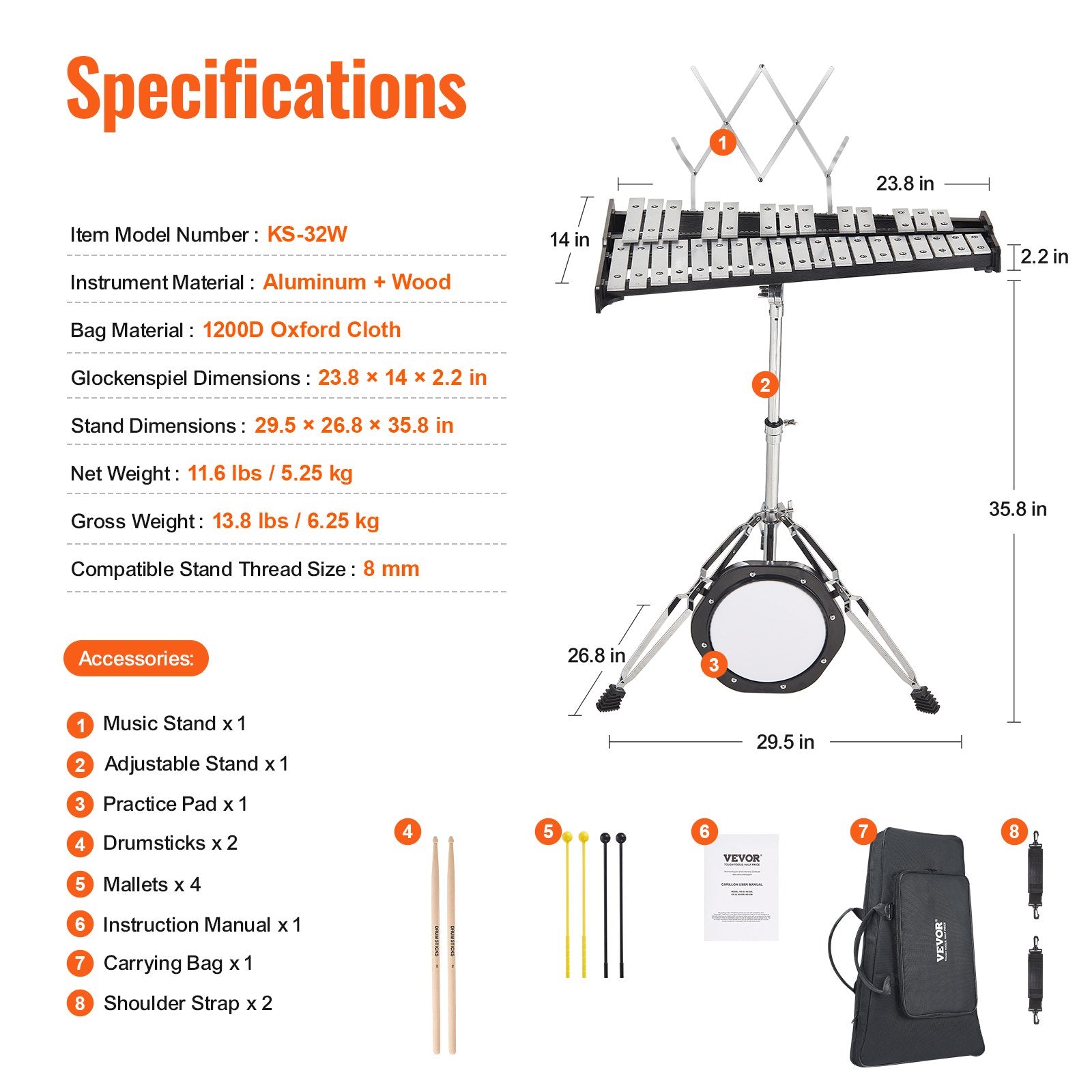 Drums: VEVOR 32 Note Glockenspiel Xylophone Bell Kit, Professional Percussion Instrument Set with Mallets, Drum Sticks, Music Stand,  8" Practice Pad, Adjustable Stand and Carrying Bag for Students & Adults