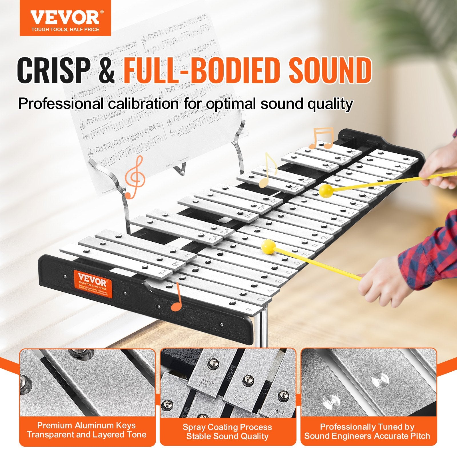 Drums: VEVOR 32 Note Glockenspiel Xylophone Bell Kit, Professional Percussion Instrument Set with Mallets, Drum Sticks, Music Stand, Adjustable Stand and Carrying Bag for Students & Adults