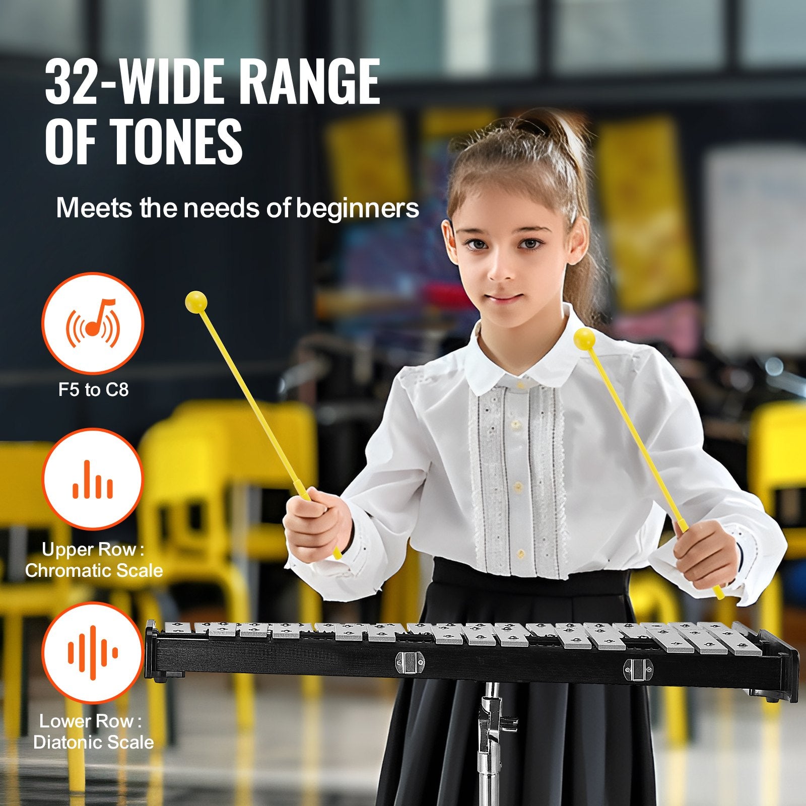 Drums: VEVOR 32 Note Glockenspiel Xylophone Bell Kit, Professional Percussion Instrument Set with Mallets, Drum Sticks, Music Stand, Adjustable Stand and Carrying Bag for Students & Adults