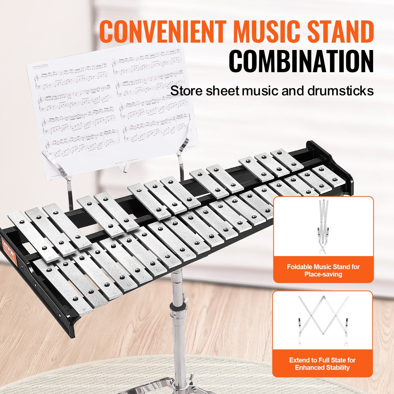Drums: VEVOR 32 Note Glockenspiel Xylophone Bell Kit, Professional Percussion Instrument Set with Mallets, Drum Sticks, Music Stand, Adjustable Stand and Carrying Bag for Students & Adults