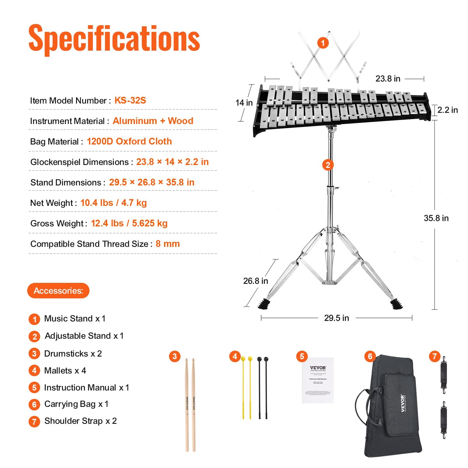 Drums: VEVOR 32 Note Glockenspiel Xylophone Bell Kit, Professional Percussion Instrument Set with Mallets, Drum Sticks, Music Stand, Adjustable Stand and Carrying Bag for Students & Adults