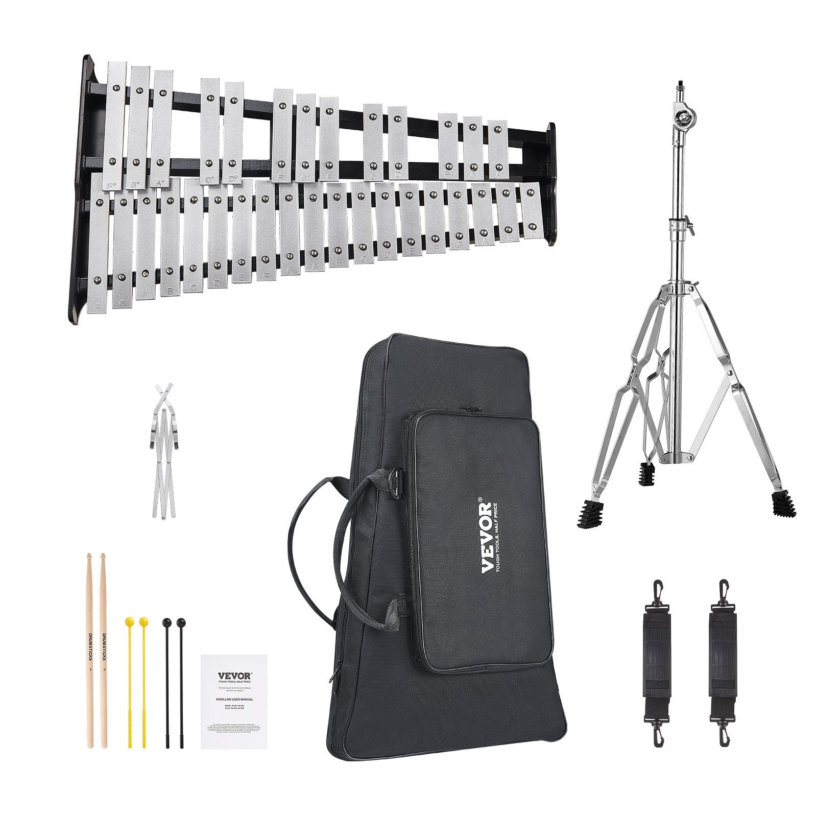 Drums: VEVOR 32 Note Glockenspiel Xylophone Bell Kit, Professional Percussion Instrument Set with Mallets, Drum Sticks, Music Stand, Adjustable Stand and Carrying Bag for Students & Adults