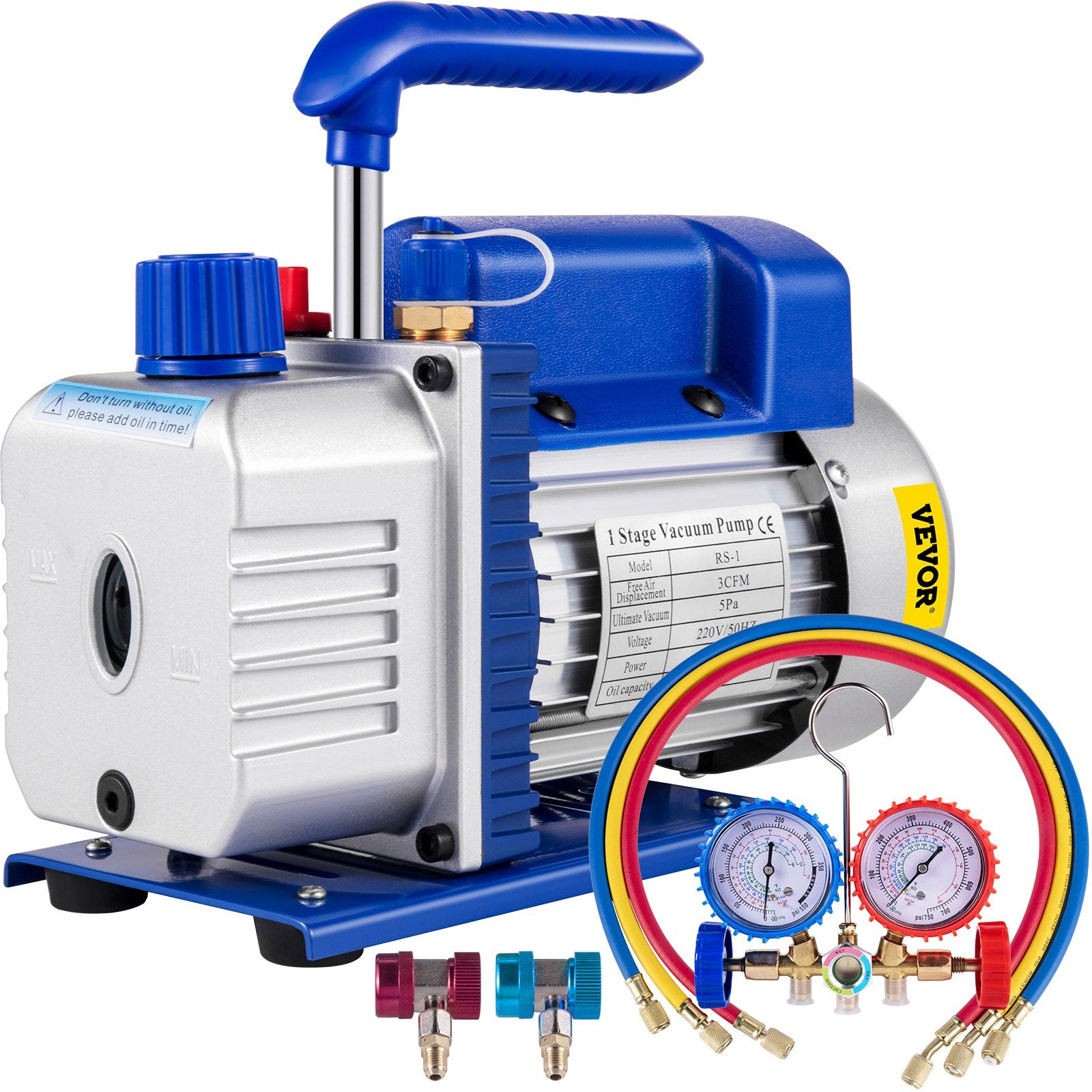 Food Storage: VEVOR 3CFM 84 L/M 1-Stage, Refrigerant Vacuum Pump Refrigeration Gauges A/C Air Conditioning 1440 RPM 1/4 HP, 3 pcs hoses 800 PSI Refrigeration Gauges