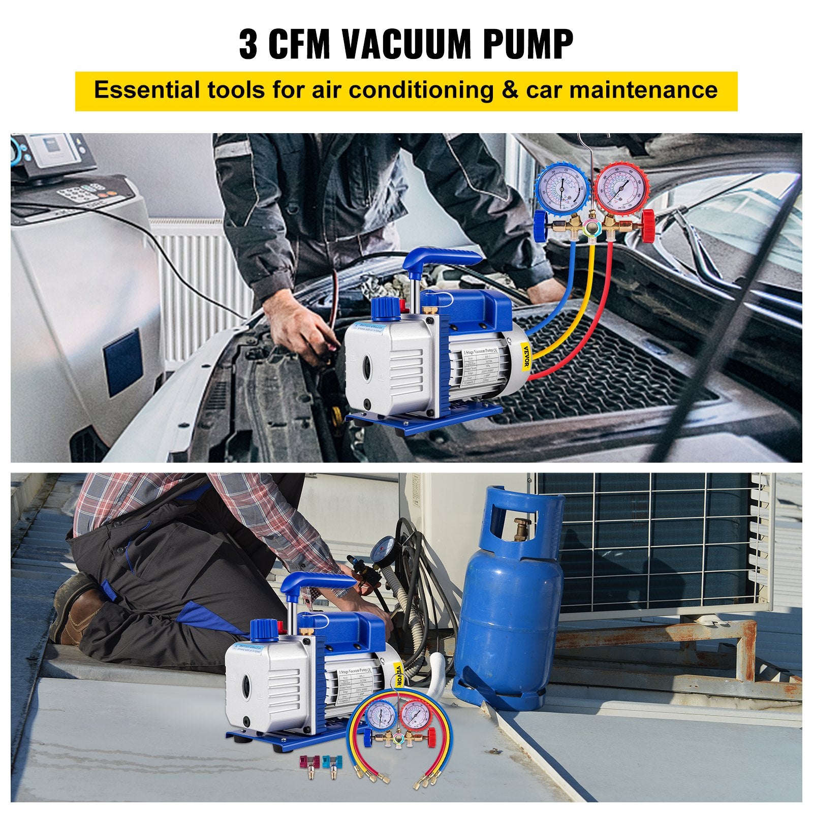 Food Storage: VEVOR 3CFM 84 L/M 1-Stage, Refrigerant Vacuum Pump Refrigeration Gauges A/C Air Conditioning 1440 RPM 1/4 HP, 3 pcs hoses 800 PSI Refrigeration Gauges