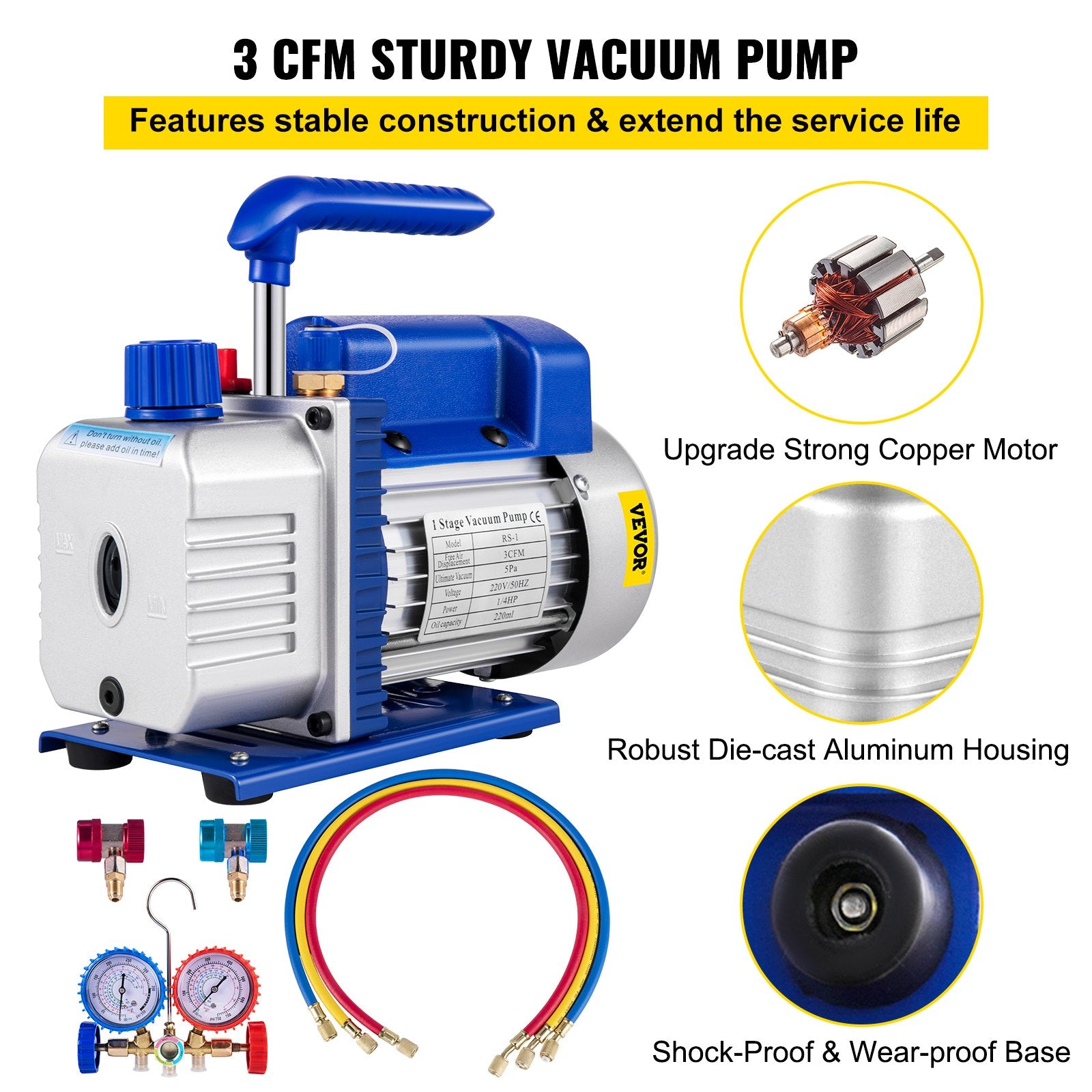 Food Storage: VEVOR 3CFM 84 L/M 1-Stage, Refrigerant Vacuum Pump Refrigeration Gauges A/C Air Conditioning 1440 RPM 1/4 HP, 3 pcs hoses 800 PSI Refrigeration Gauges