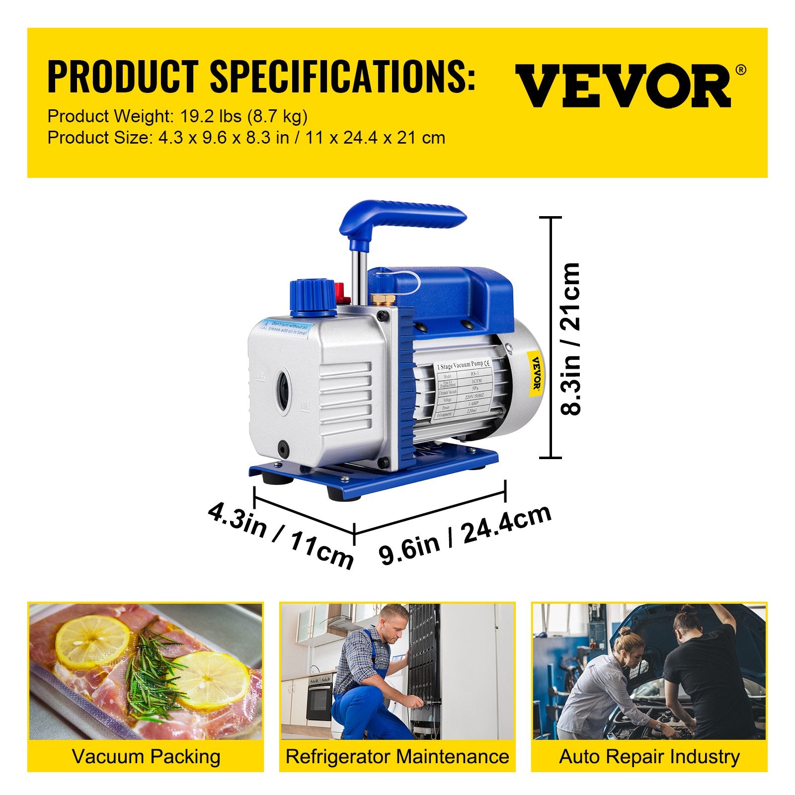 Food Storage: VEVOR 3CFM 84 L/M 1-Stage, Refrigerant Vacuum Pump Refrigeration Gauges A/C Air Conditioning 1440 RPM 1/4 HP, 3 pcs hoses 800 PSI Refrigeration Gauges