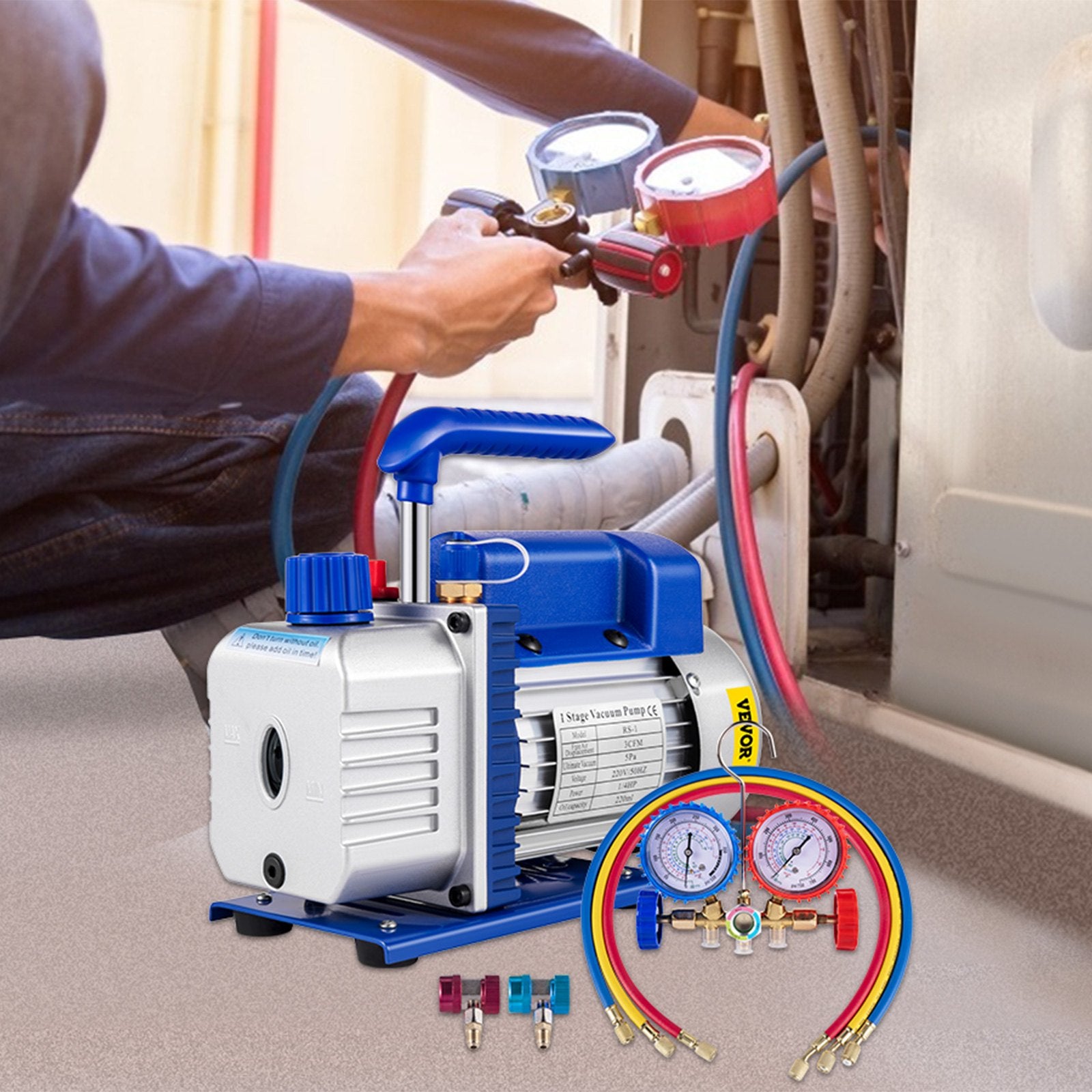 Food Storage: VEVOR 3CFM 84 L/M 1-Stage, Refrigerant Vacuum Pump Refrigeration Gauges A/C Air Conditioning 1440 RPM 1/4 HP, 3 pcs hoses 800 PSI Refrigeration Gauges