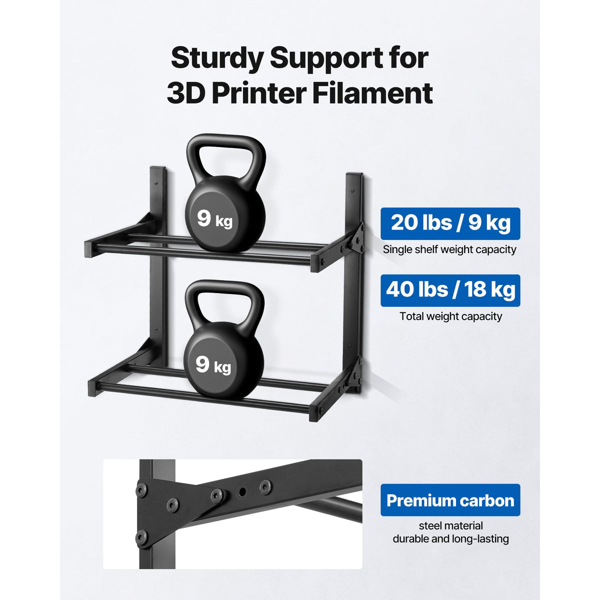 Wall Mount Printer Filament Storage Rack, 2-Tier Wall Bracket Storage Shelf, Rolling Filament Spool Holders Racks with Wheels, Filaments Organzied for 3D Printing Studio, Workshop (Shelf Only)
