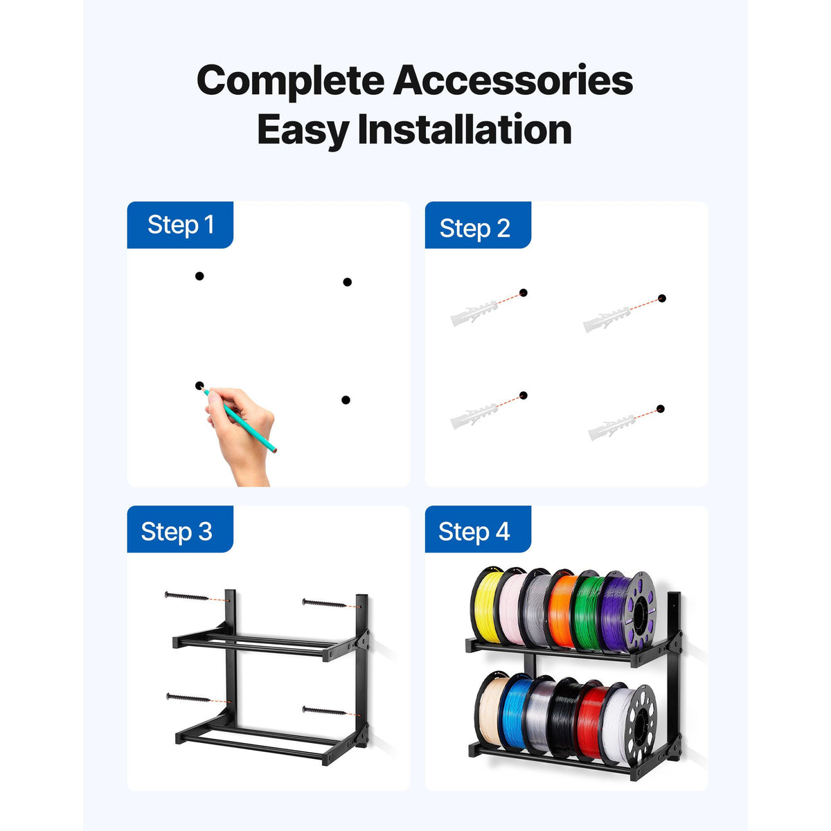 Wall Mount Printer Filament Storage Rack, 2-Tier Wall Bracket Storage Shelf, Rolling Filament Spool Holders Racks with Wheels, Filaments Organzied for 3D Printing Studio, Workshop (Shelf Only)