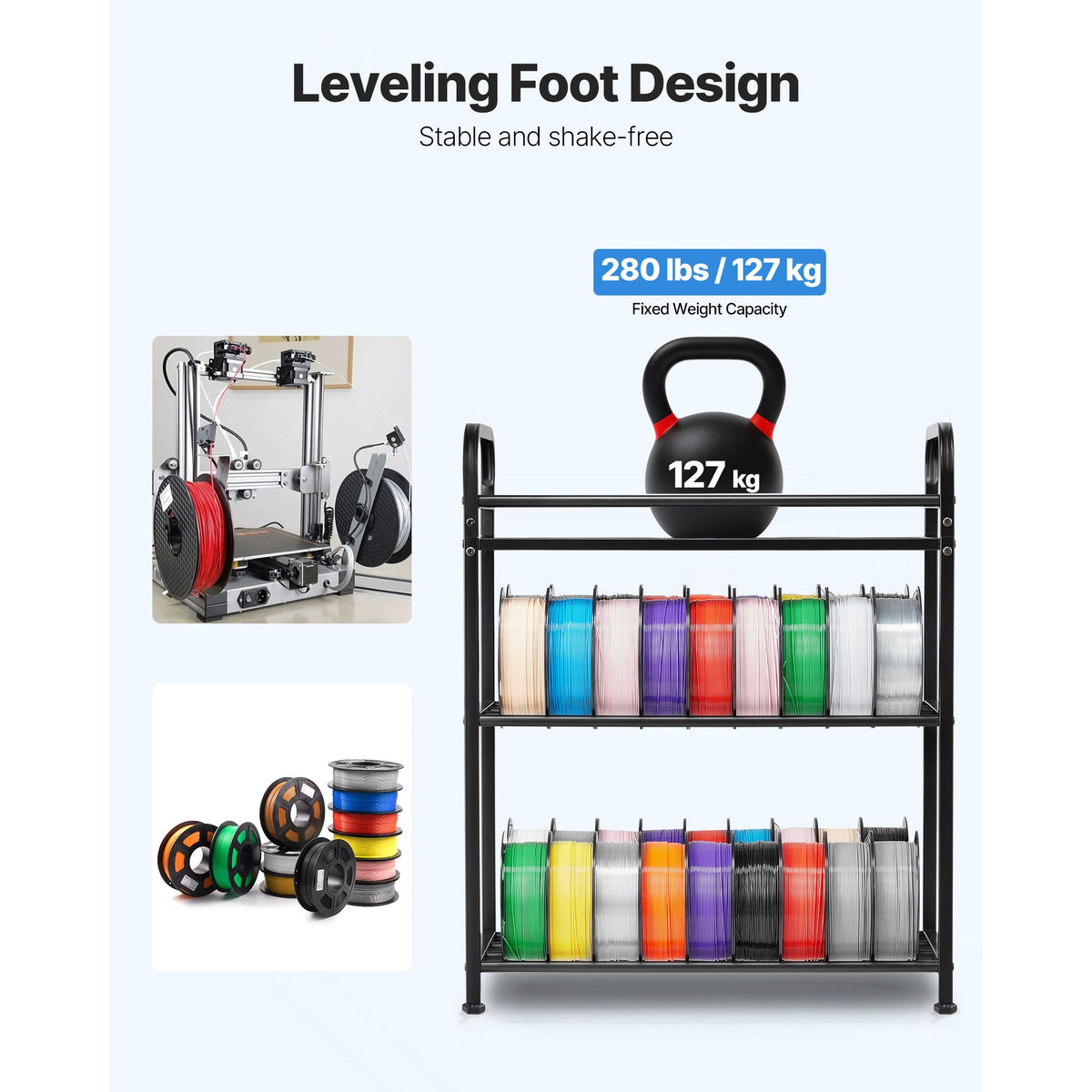3D Printer Filament Storage Rack, 3 Tier Heavy Duty Storage Shelf, Rolling Filament Spool Holders Racks with Wheels, Filaments Organzied for 3D Printing Station, Office, Workshop (Shelf Only)
