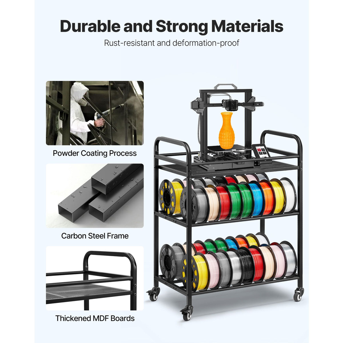 3D Printer Filament Storage Rack, 3 Tier Heavy Duty Storage Shelf, Rolling Filament Spool Holders Racks with Wheels, Filaments Organzied for 3D Printing Station, Office, Workshop (Shelf Only)