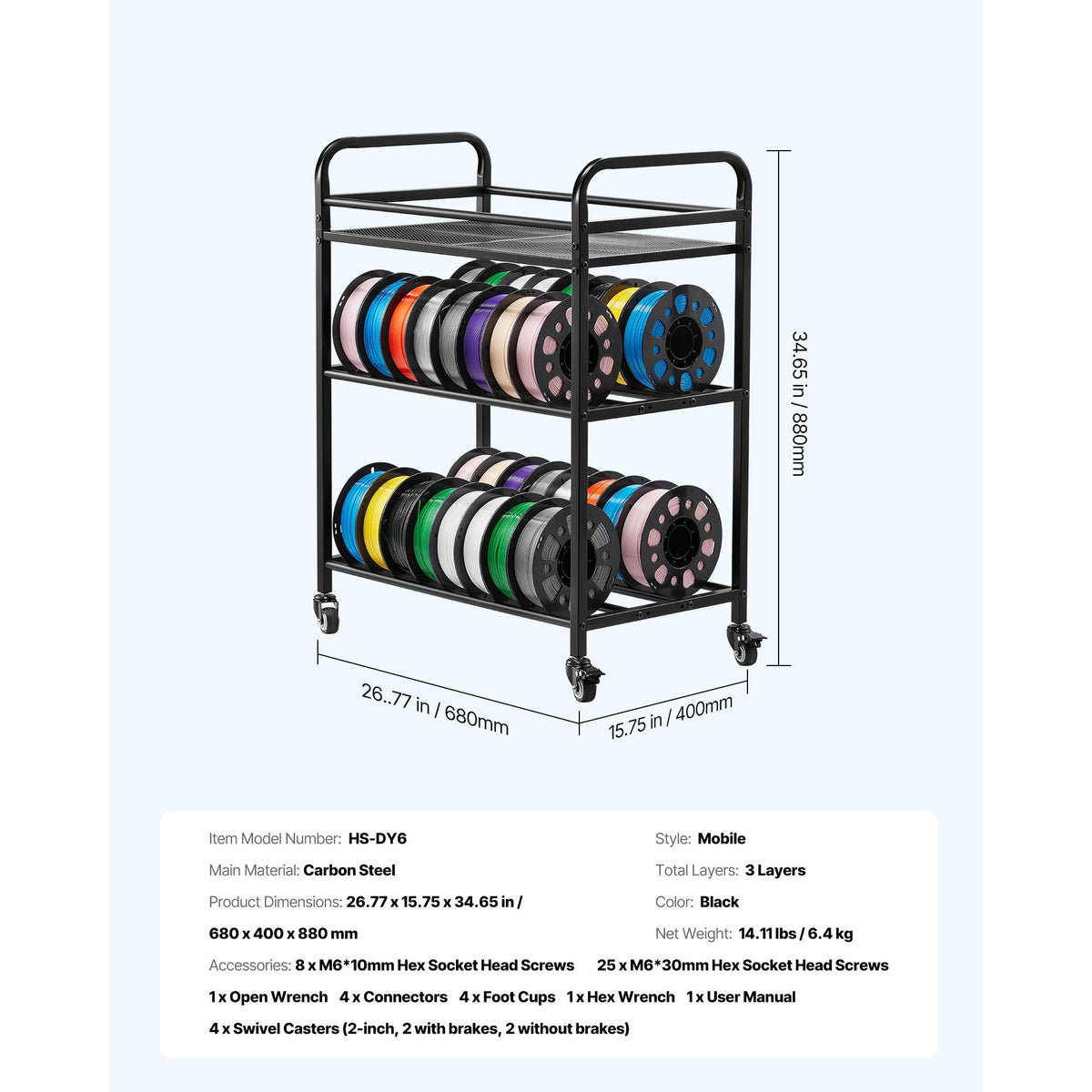 3D Printer Filament Storage Rack, 3 Tier Heavy Duty Storage Shelf, Rolling Filament Spool Holders Racks with Wheels, Filaments Organzied for 3D Printing Station, Office, Workshop (Shelf Only)