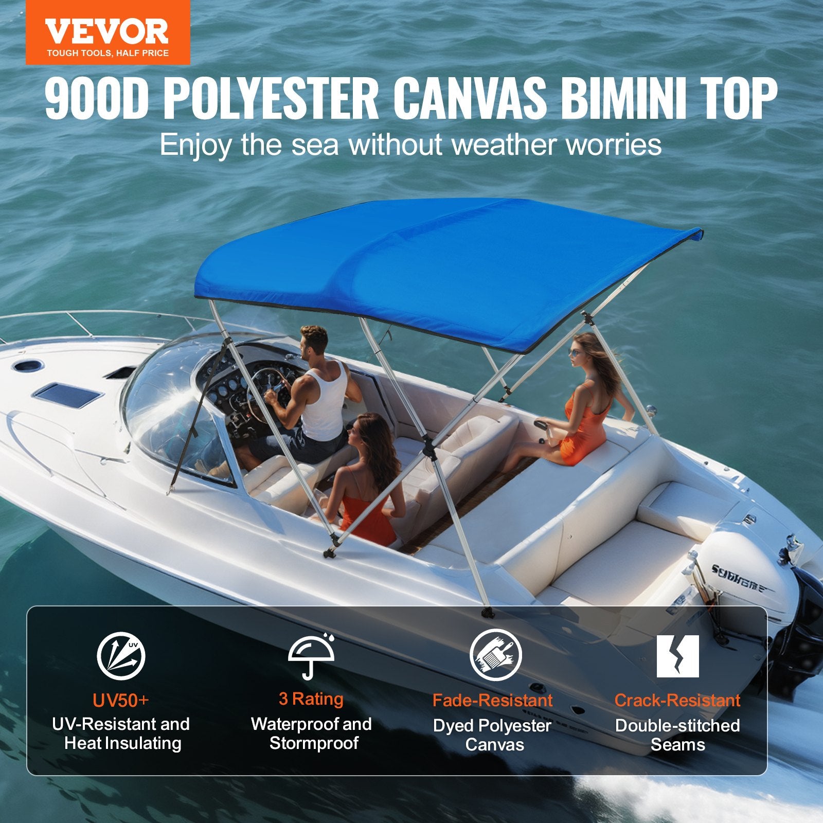 Canopies & Gazebos: VEVOR 3 Bow Bimini Top Boat Cover, 900D Polyester Canopy with 1" Aluminum Alloy Frame, Waterproof and Sun Shade, Includes Storage Boot, 2 Support Poles, 4 Straps, 6'L x 46"H x 54"-60"W, Pacific Blue