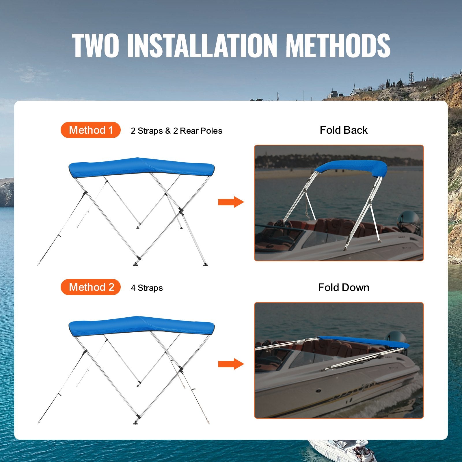 Canopies & Gazebos: VEVOR 3 Bow Bimini Top Boat Cover, 900D Polyester Canopy with 1" Aluminum Alloy Frame, Waterproof and Sun Shade, Includes Storage Boot, 2 Support Poles, 4 Straps, 6'L x 46"H x 54"-60"W, Pacific Blue