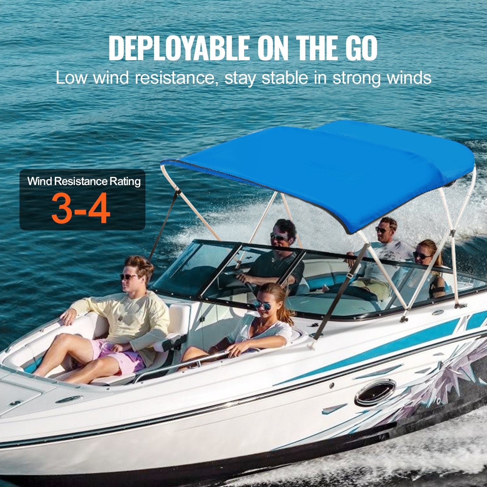 Canopies & Gazebos: VEVOR 3 Bow Bimini Top Boat Cover, 900D Polyester Canopy with 1" Aluminum Alloy Frame, Waterproof and Sun Shade, Includes Storage Boot, 2 Support Poles, 4 Straps, 6'L x 46"H x 54"-60"W, Pacific Blue