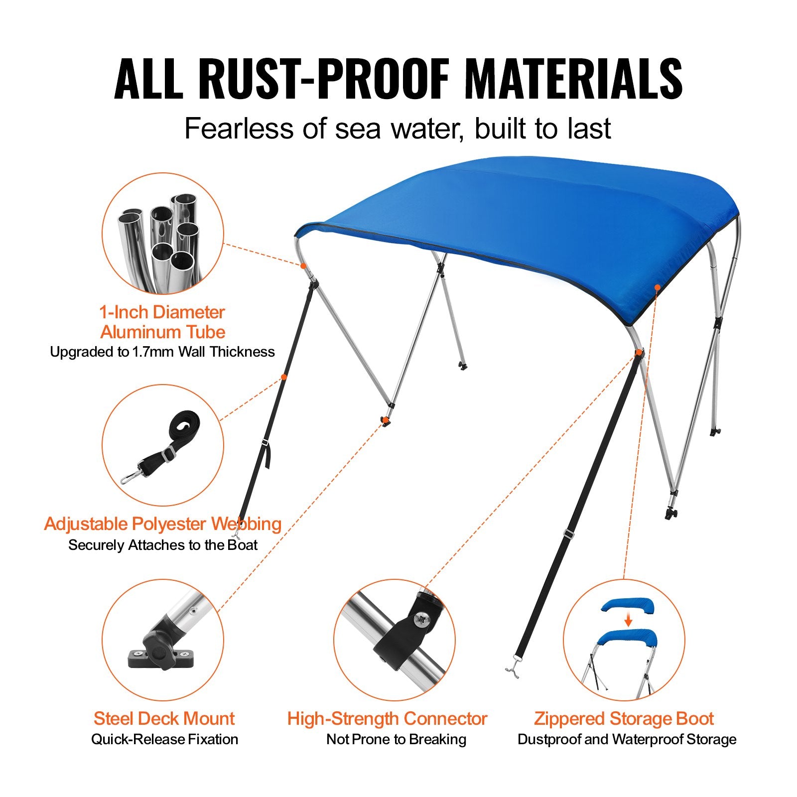 Canopies & Gazebos: VEVOR 3 Bow Bimini Top Boat Cover, 900D Polyester Canopy with 1" Aluminum Alloy Frame, Waterproof and Sun Shade, Includes Storage Boot, 2 Support Poles, 4 Straps, 6'L x 46"H x 54"-60"W, Pacific Blue