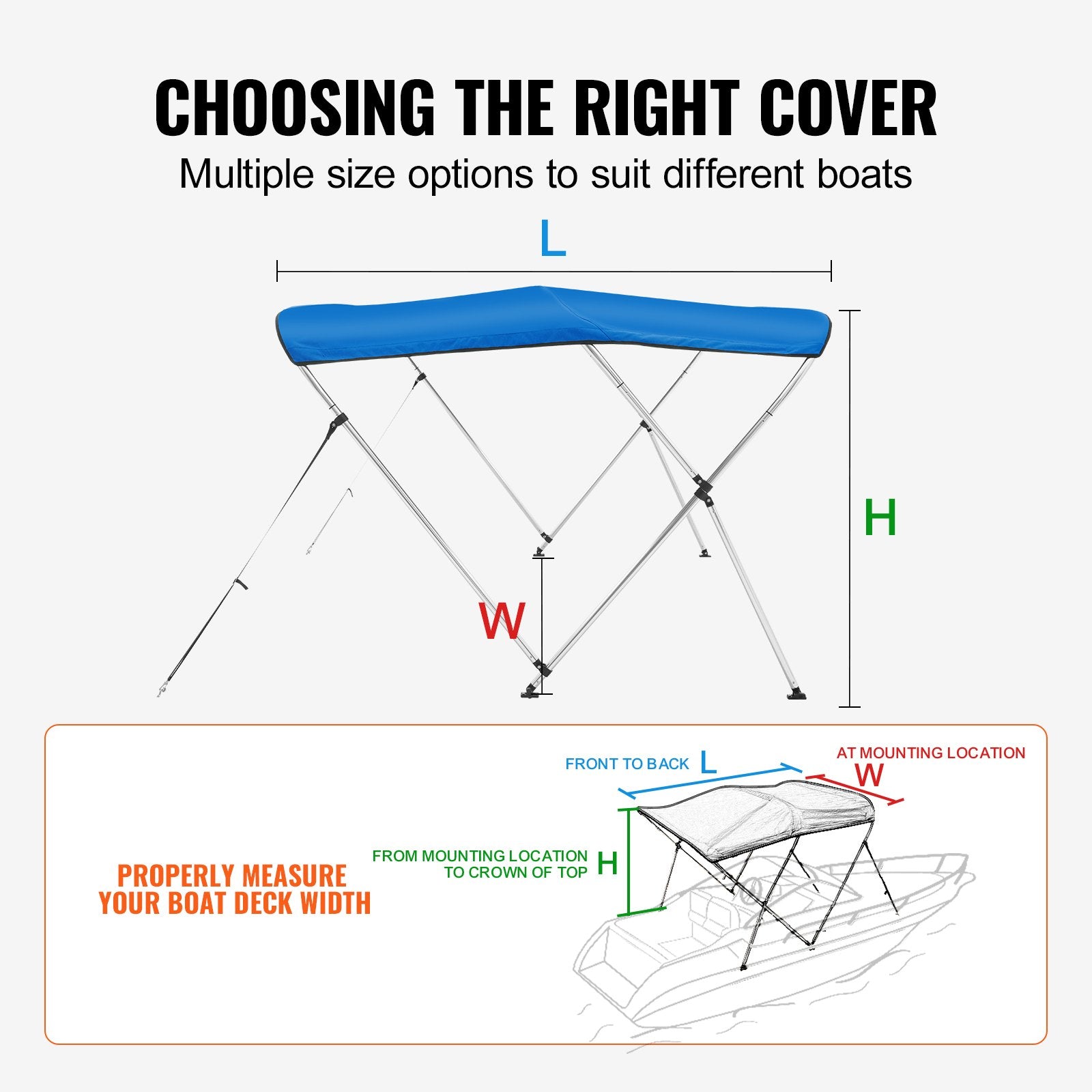 Canopies & Gazebos: VEVOR 3 Bow Bimini Top Boat Cover, 900D Polyester Canopy with 1" Aluminum Alloy Frame, Waterproof and Sun Shade, Includes Storage Boot, 2 Support Poles, 4 Straps, 6'L x 46"H x 54"-60"W, Pacific Blue