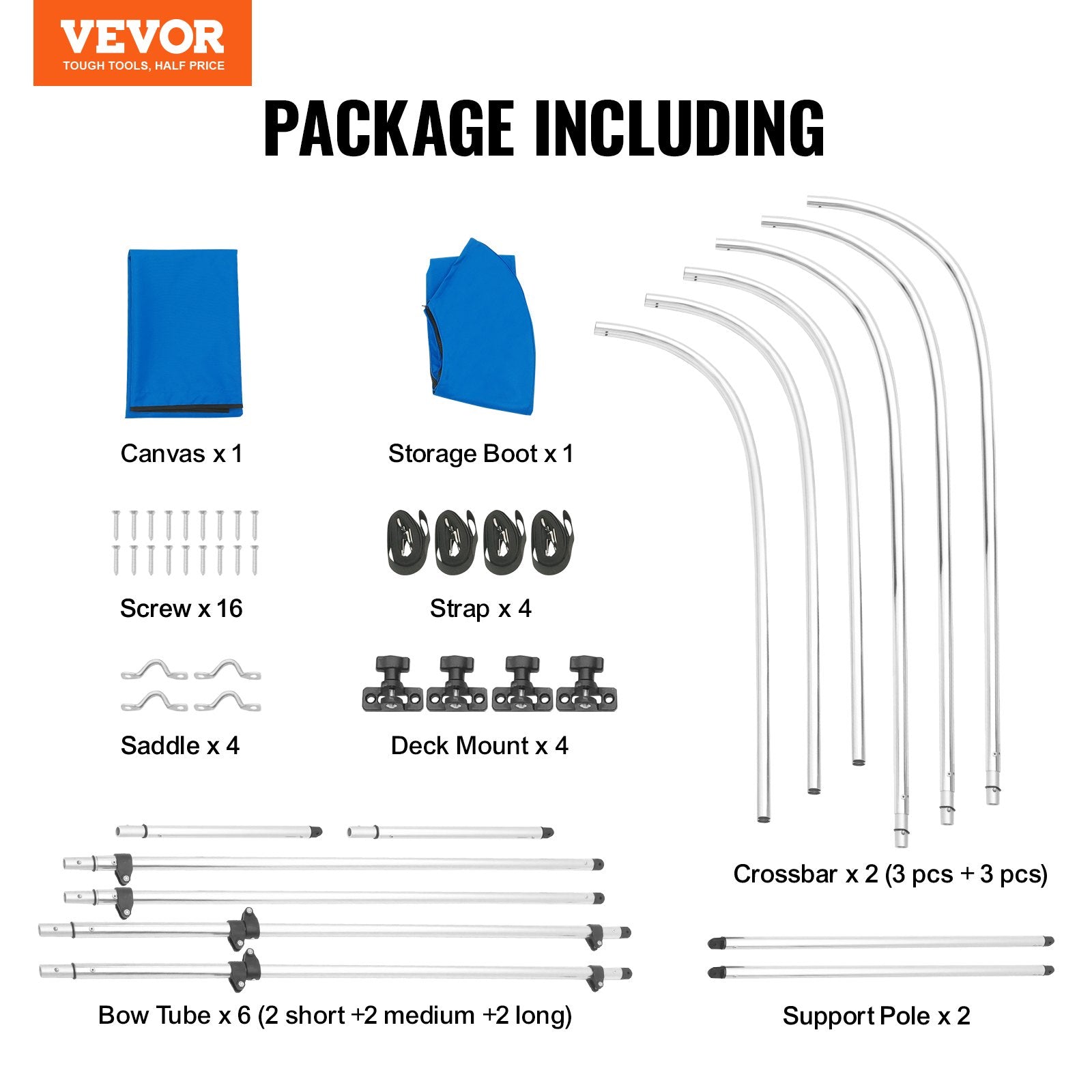 Canopies & Gazebos: VEVOR 3 Bow Bimini Top Boat Cover, 900D Polyester Canopy with 1" Aluminum Alloy Frame, Waterproof and Sun Shade, Includes Storage Boot, 2 Support Poles, 4 Straps, 6'L x 46"H x 54"-60"W, Pacific Blue