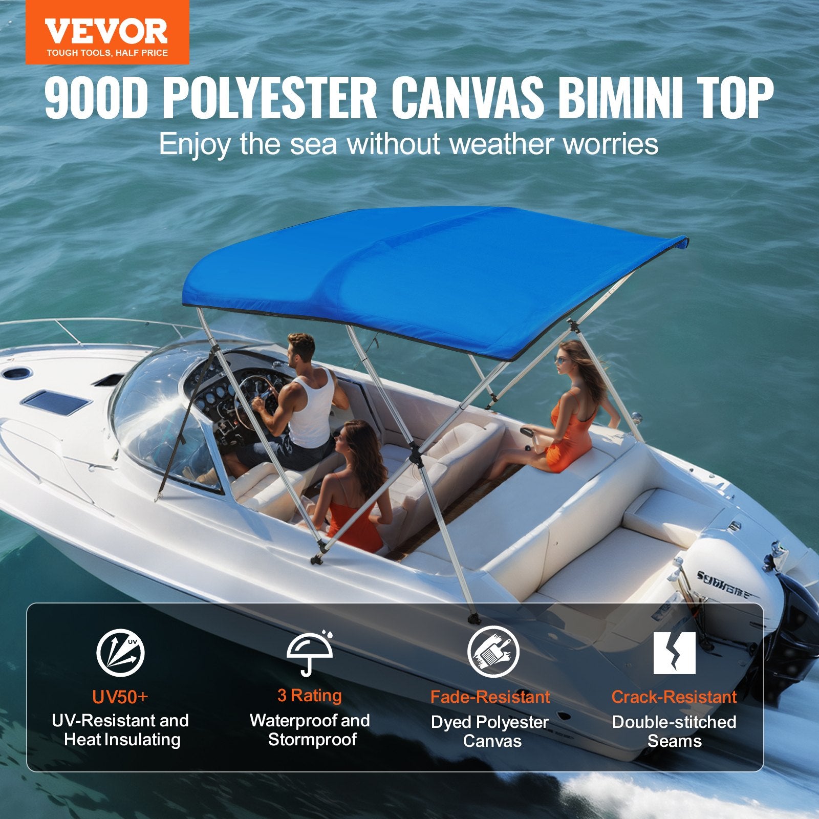 Canopies & Gazebos: VEVOR 3 Bow Bimini Top Boat Cover, 900D Polyester Canopy with 1" Aluminum Alloy Frame, Waterproof and Sun Shade, Includes Storage Boot, 2 Support Poles, 4 Straps, 6'L x 46"H x 61"-66"W, Pacific Blue