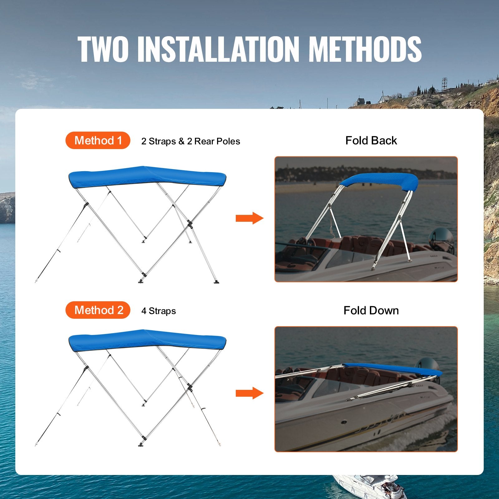 Canopies & Gazebos: VEVOR 3 Bow Bimini Top Boat Cover, 900D Polyester Canopy with 1" Aluminum Alloy Frame, Waterproof and Sun Shade, Includes Storage Boot, 2 Support Poles, 4 Straps, 6'L x 46"H x 61"-66"W, Pacific Blue