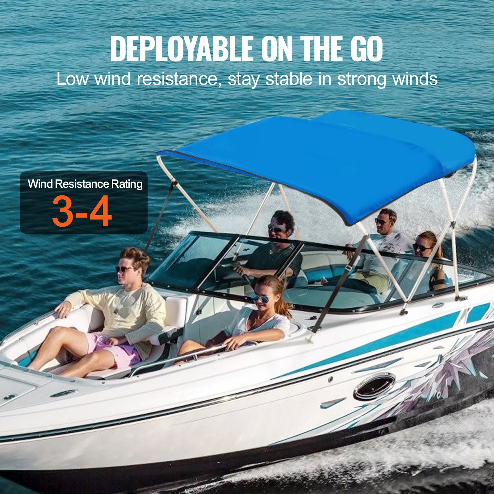 Canopies & Gazebos: VEVOR 3 Bow Bimini Top Boat Cover, 900D Polyester Canopy with 1" Aluminum Alloy Frame, Waterproof and Sun Shade, Includes Storage Boot, 2 Support Poles, 4 Straps, 6'L x 46"H x 61"-66"W, Pacific Blue
