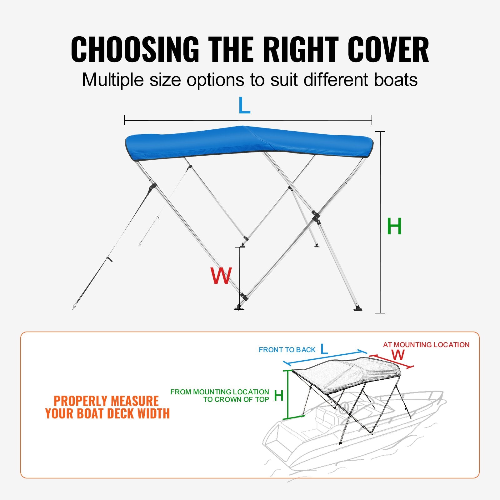 Canopies & Gazebos: VEVOR 3 Bow Bimini Top Boat Cover, 900D Polyester Canopy with 1" Aluminum Alloy Frame, Waterproof and Sun Shade, Includes Storage Boot, 2 Support Poles, 4 Straps, 6'L x 46"H x 61"-66"W, Pacific Blue