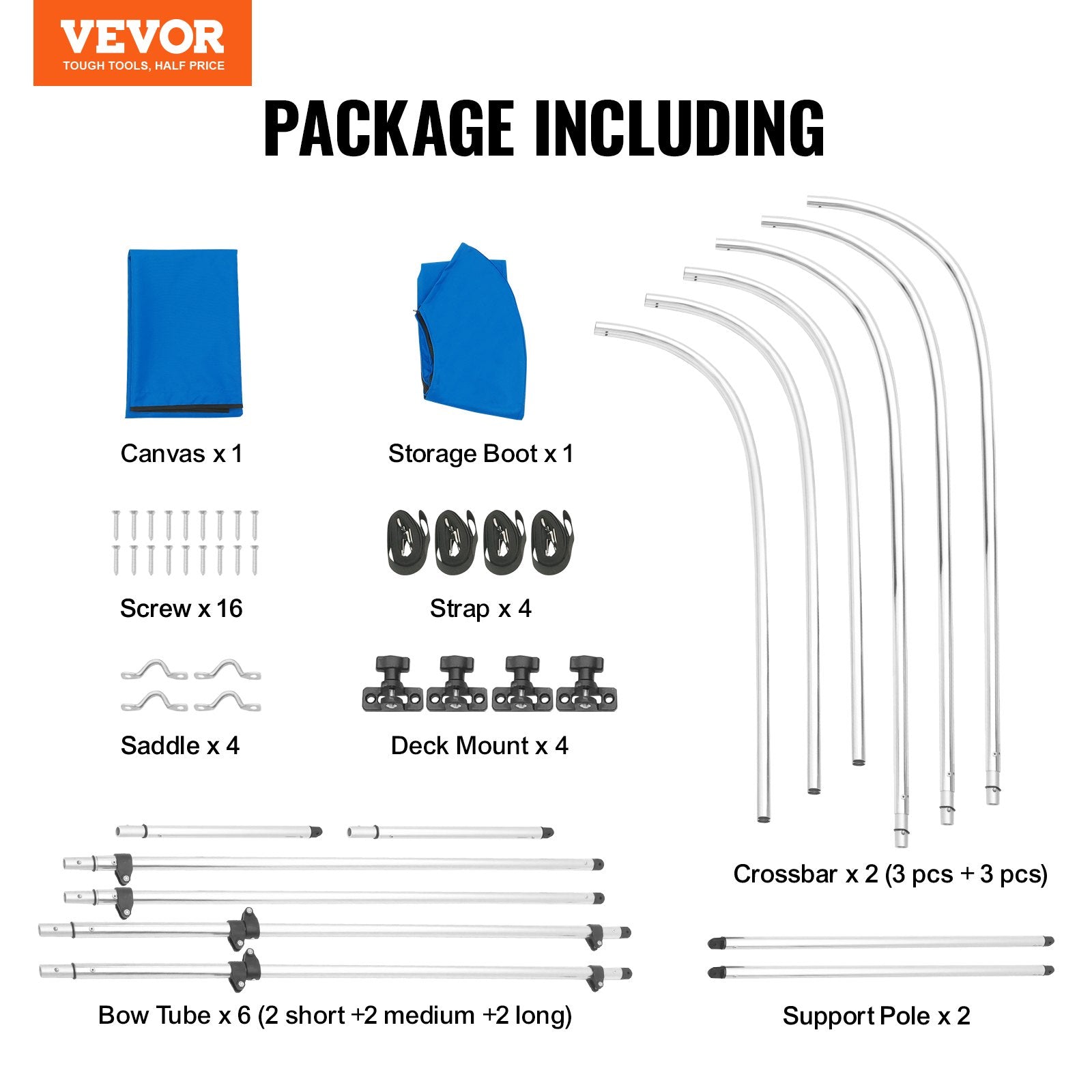 Canopies & Gazebos: VEVOR 3 Bow Bimini Top Boat Cover, 900D Polyester Canopy with 1" Aluminum Alloy Frame, Waterproof and Sun Shade, Includes Storage Boot, 2 Support Poles, 4 Straps, 6'L x 46"H x 61"-66"W, Pacific Blue
