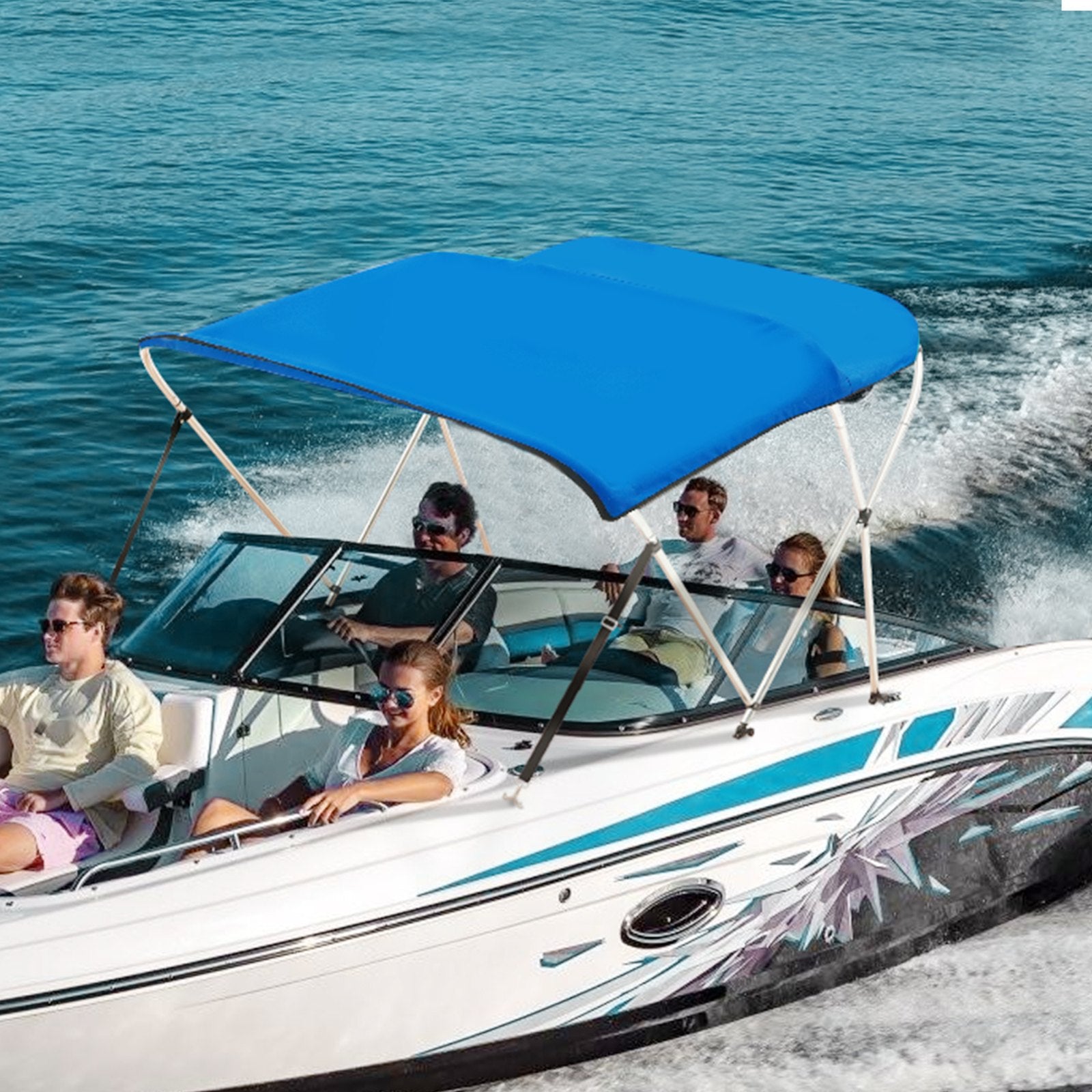 Canopies & Gazebos: VEVOR 3 Bow Bimini Top Boat Cover, 900D Polyester Canopy with 1" Aluminum Alloy Frame, Waterproof and Sun Shade, Includes Storage Boot, 2 Support Poles, 4 Straps, 6'L x 46"H x 61"-66"W, Pacific Blue