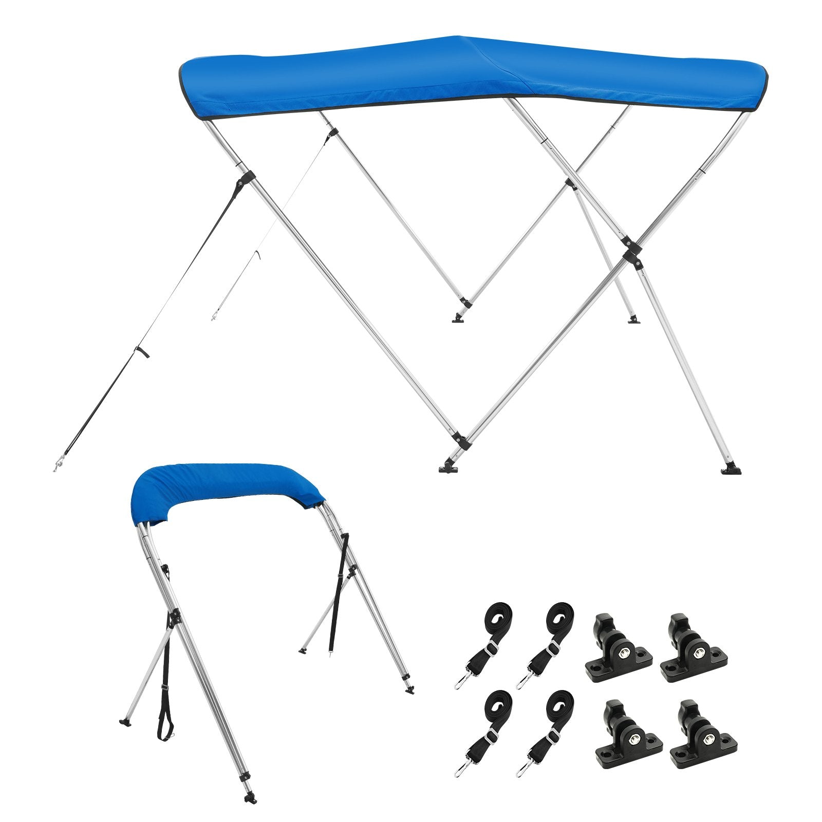 Canopies & Gazebos: VEVOR 3 Bow Bimini Top Boat Cover, 900D Polyester Canopy with 1" Aluminum Alloy Frame, Waterproof and Sun Shade, Includes Storage Boot, 2 Support Poles, 4 Straps, 6'L x 46"H x 61"-66"W, Pacific Blue