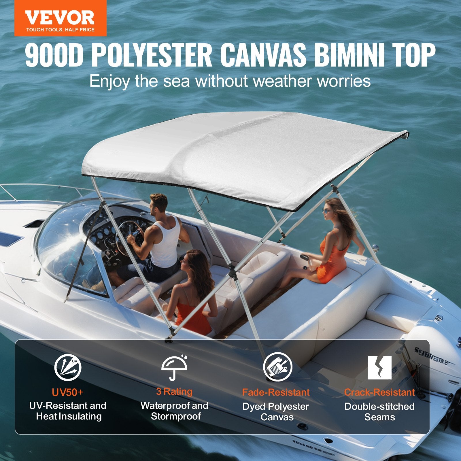 Canopies & Gazebos: VEVOR 3 Bow Bimini Top Boat Cover, 900D Polyester Canopy with 1" Aluminum Alloy Frame, Waterproof and Sun Shade, Includes Storage Boot, 2 Support Poles, 4 Straps, 6'L x 46"H x 67"-72"W, Light Grey