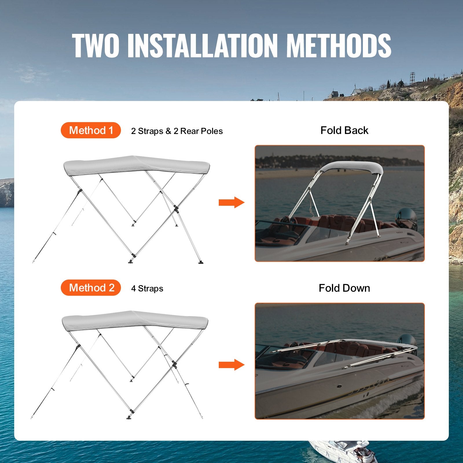 Canopies & Gazebos: VEVOR 3 Bow Bimini Top Boat Cover, 900D Polyester Canopy with 1" Aluminum Alloy Frame, Waterproof and Sun Shade, Includes Storage Boot, 2 Support Poles, 4 Straps, 6'L x 46"H x 67"-72"W, Light Grey