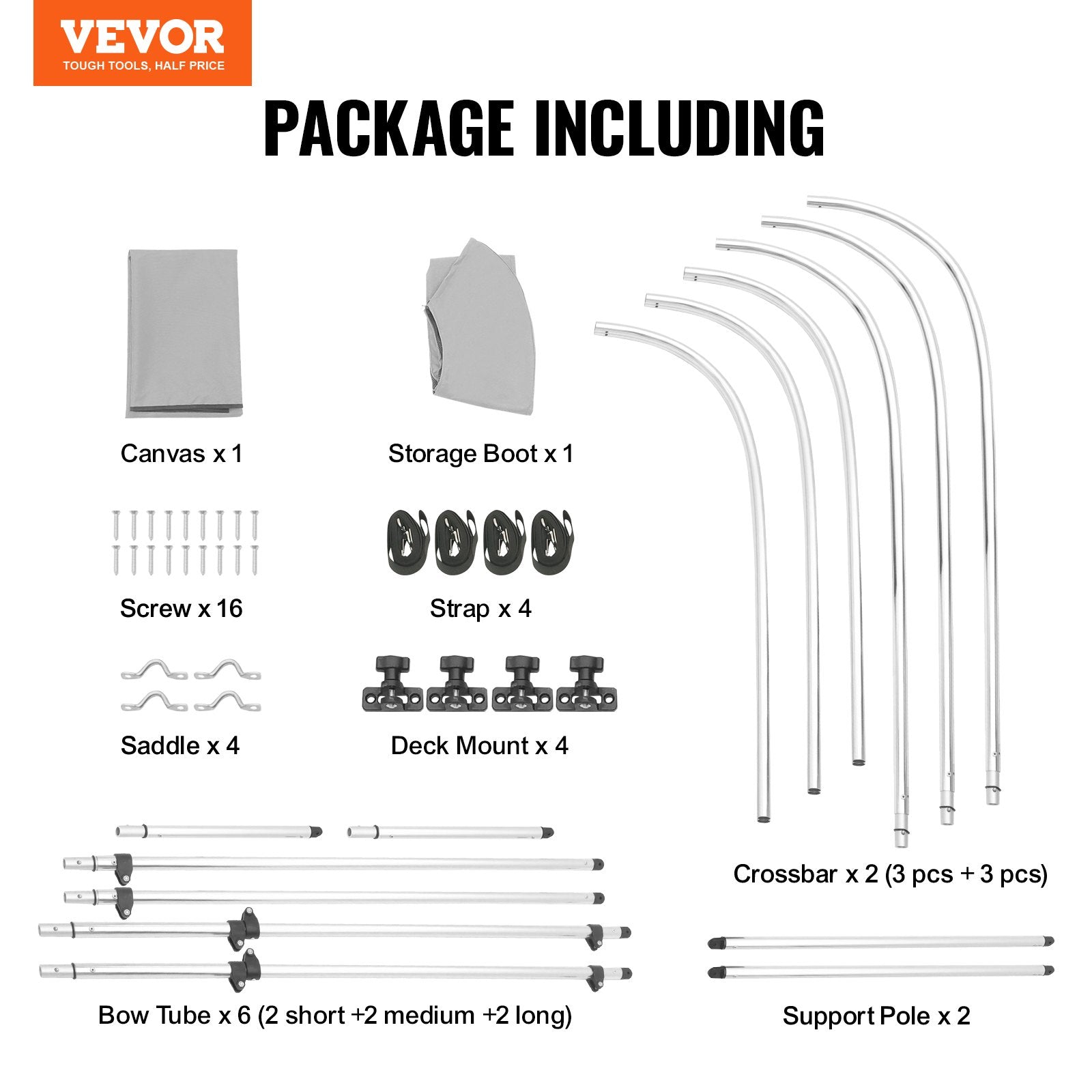 Canopies & Gazebos: VEVOR 3 Bow Bimini Top Boat Cover, 900D Polyester Canopy with 1" Aluminum Alloy Frame, Waterproof and Sun Shade, Includes Storage Boot, 2 Support Poles, 4 Straps, 6'L x 46"H x 67"-72"W, Light Grey