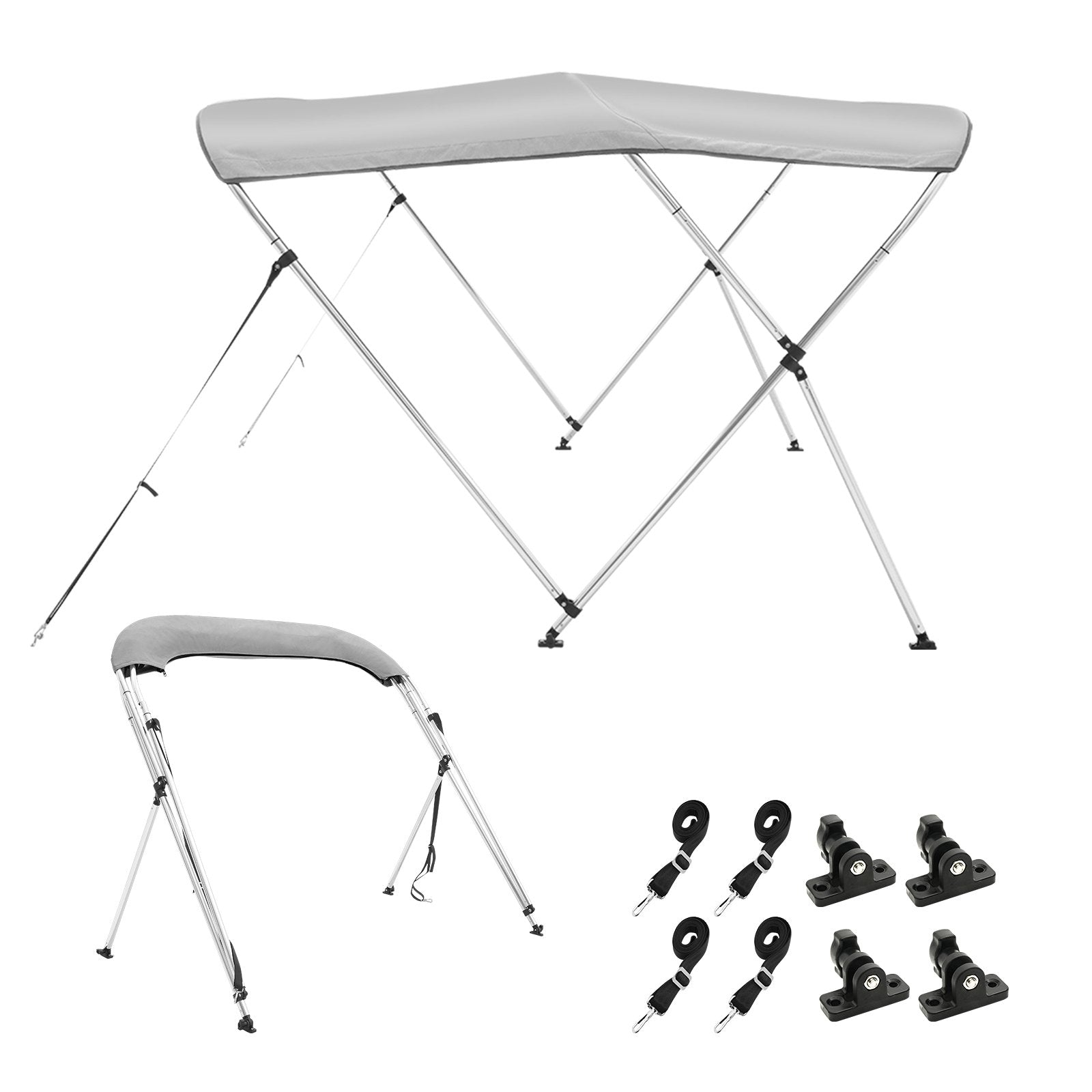 Canopies & Gazebos: VEVOR 3 Bow Bimini Top Boat Cover, 900D Polyester Canopy with 1" Aluminum Alloy Frame, Waterproof and Sun Shade, Includes Storage Boot, 2 Support Poles, 4 Straps, 6'L x 46"H x 67"-72"W, Light Grey