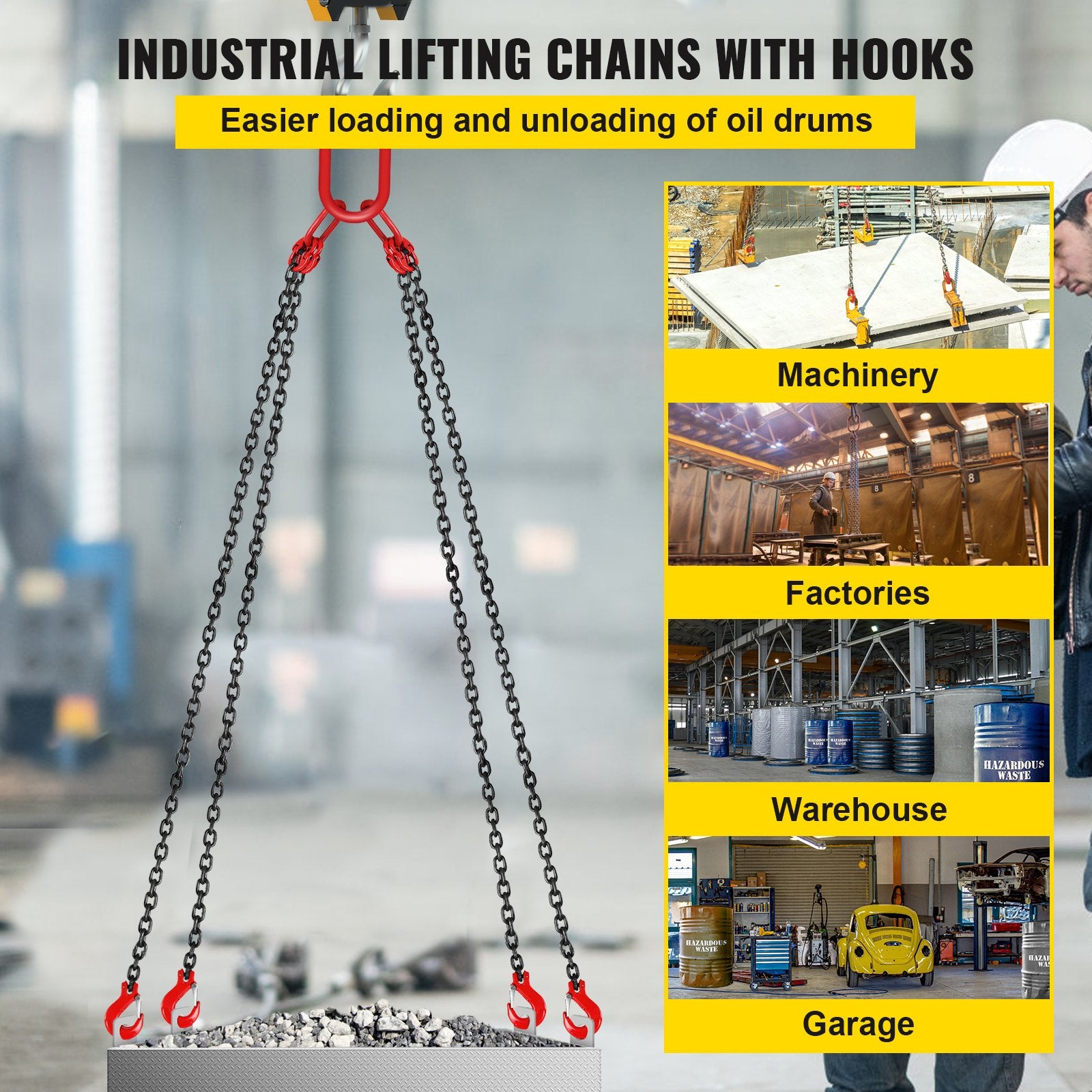 Chain Sling 5/16" X 10' Engine Lift Chain G80 Alloy Steel Engine Chain Hoist Lifts 3 Ton with 4 Leg Grab Hooks and Adjuster