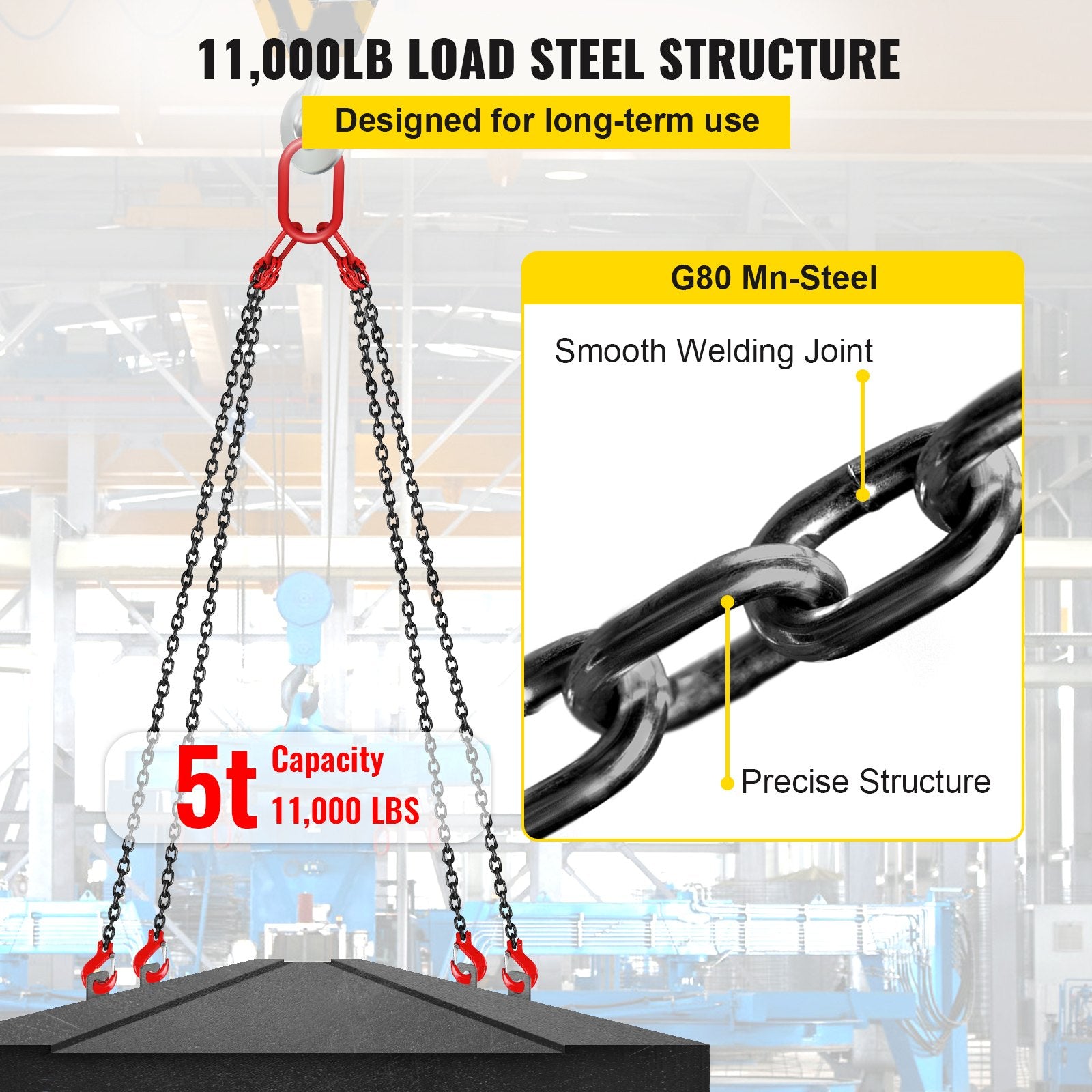Chain Sling 5/16" X 10' Engine Lift Chain G80 Alloy Steel Engine Chain Hoist Lifts 3 Ton with 4 Leg Grab Hooks and Adjuster