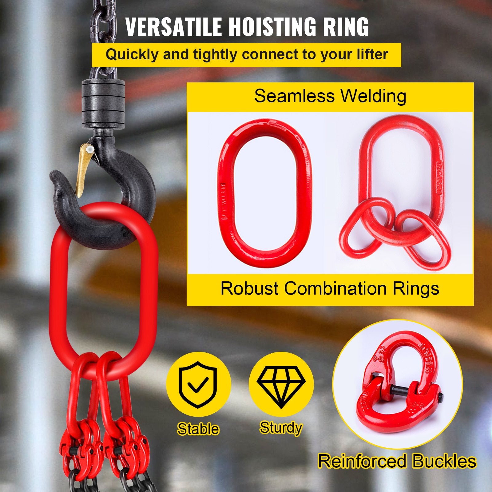 Chain Sling 5/16" X 10' Engine Lift Chain G80 Alloy Steel Engine Chain Hoist Lifts 3 Ton with 4 Leg Grab Hooks and Adjuster
