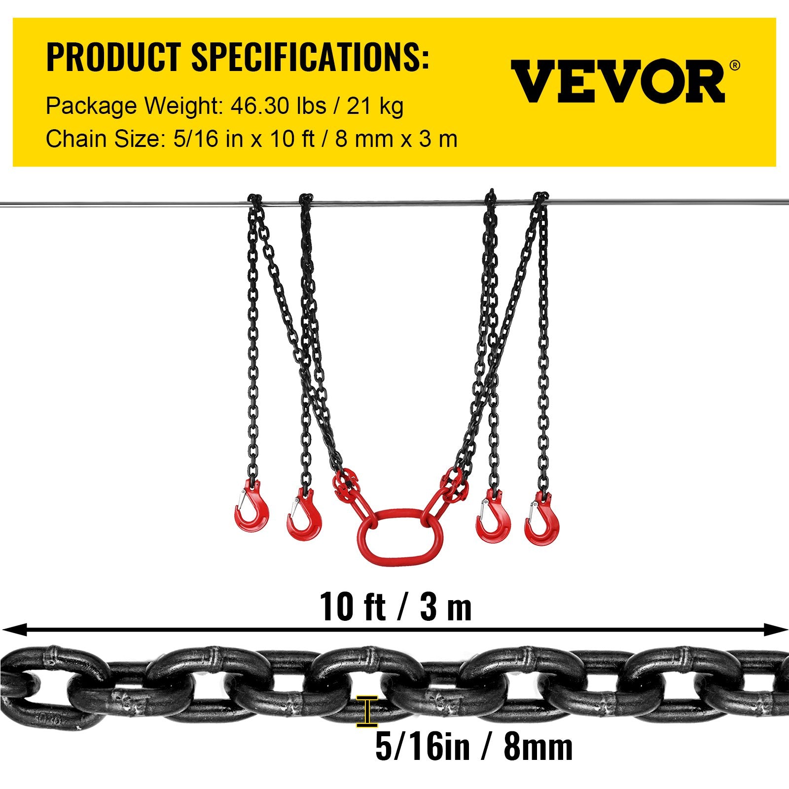 Chain Sling 5/16" X 10' Engine Lift Chain G80 Alloy Steel Engine Chain Hoist Lifts 3 Ton with 4 Leg Grab Hooks and Adjuster