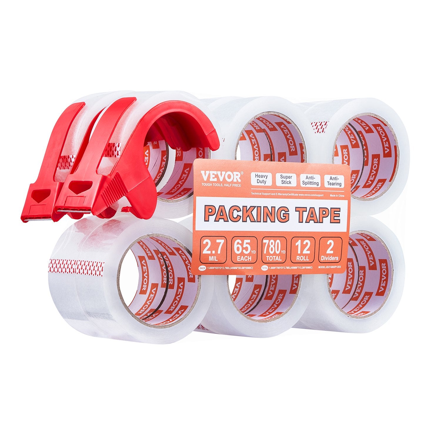 Tape & Dispensers: VEVOR Packing Tape 12 Rolls 65 Yards Clear Shipping Tape with Dispenser 2.7 Mil