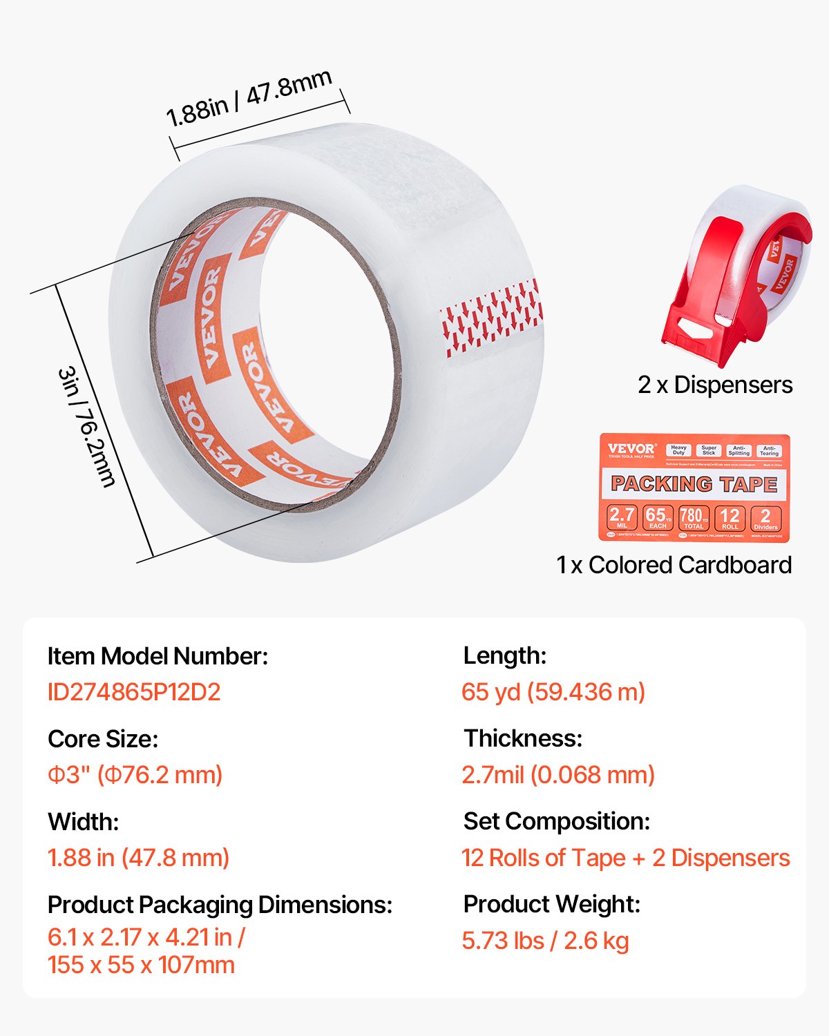Tape & Dispensers: VEVOR Packing Tape 12 Rolls 65 Yards Clear Shipping Tape with Dispenser 2.7 Mil