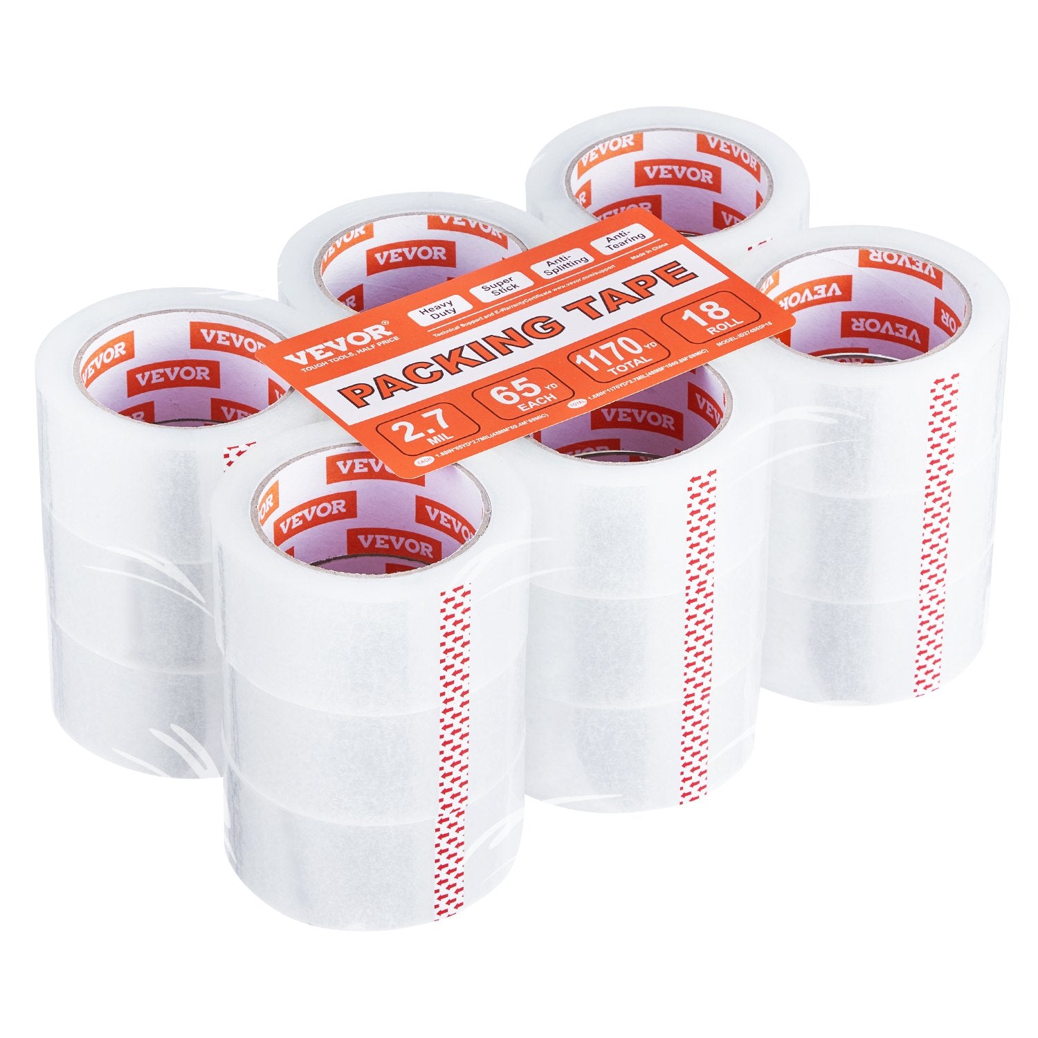 Tape & Dispensers: VEVOR Packing Tape 18 Rolls 65 Yards Heavy Duty Clear Packing Tapes 2.7 Mil