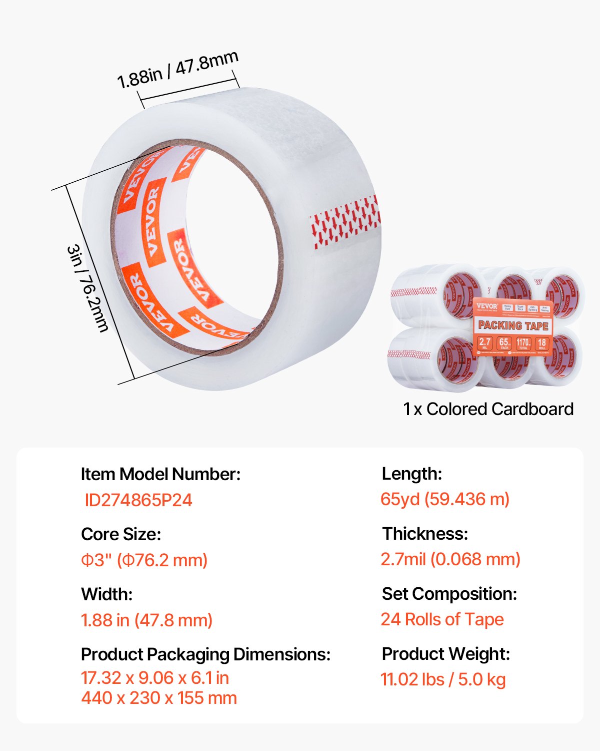 Tape & Dispensers: VEVOR Packing Tape 18 Rolls 65 Yards Heavy Duty Clear Packing Tapes 2.7 Mil