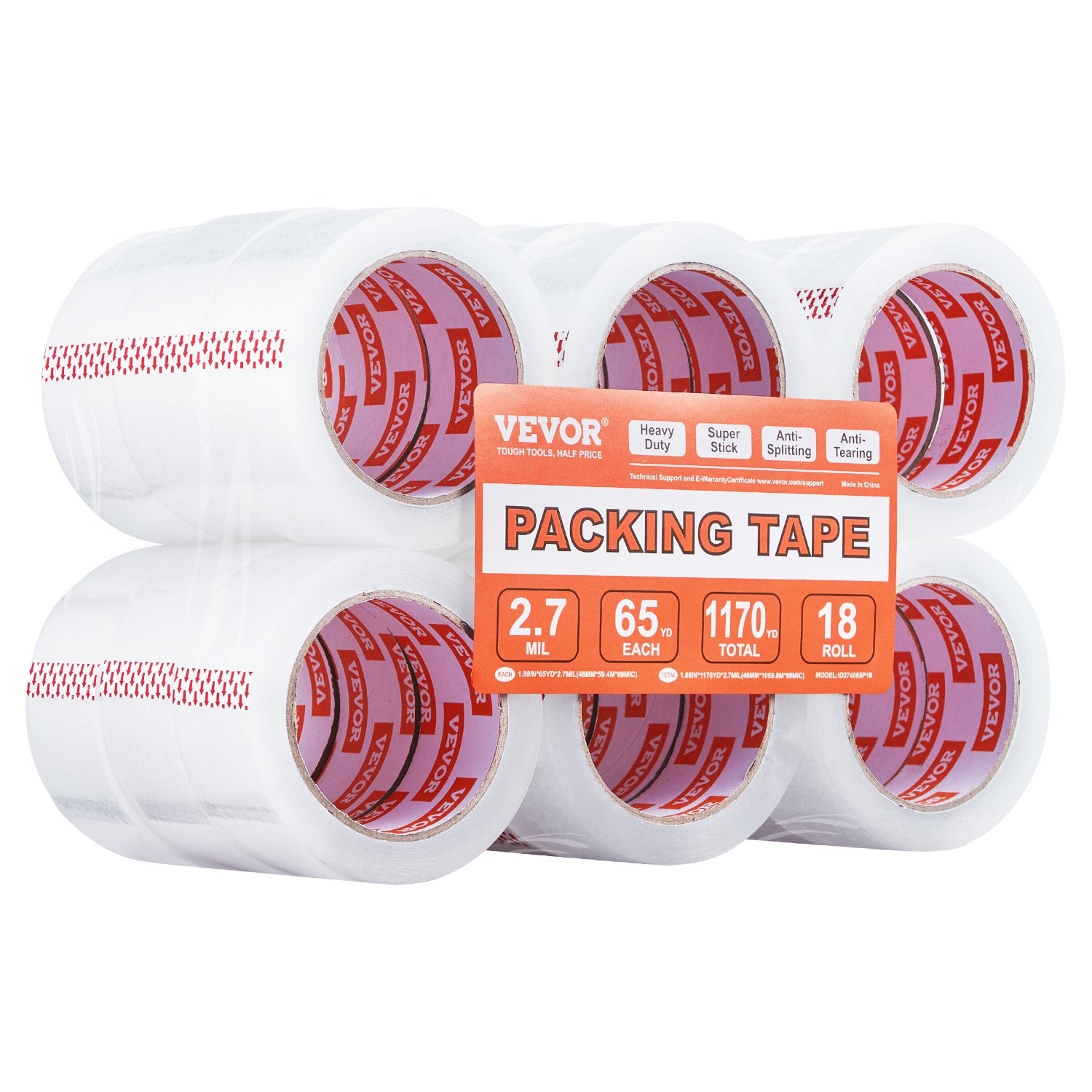 Tape & Dispensers: VEVOR Packing Tape 18 Rolls 65 Yards Heavy Duty Clear Packing Tapes 2.7 Mil