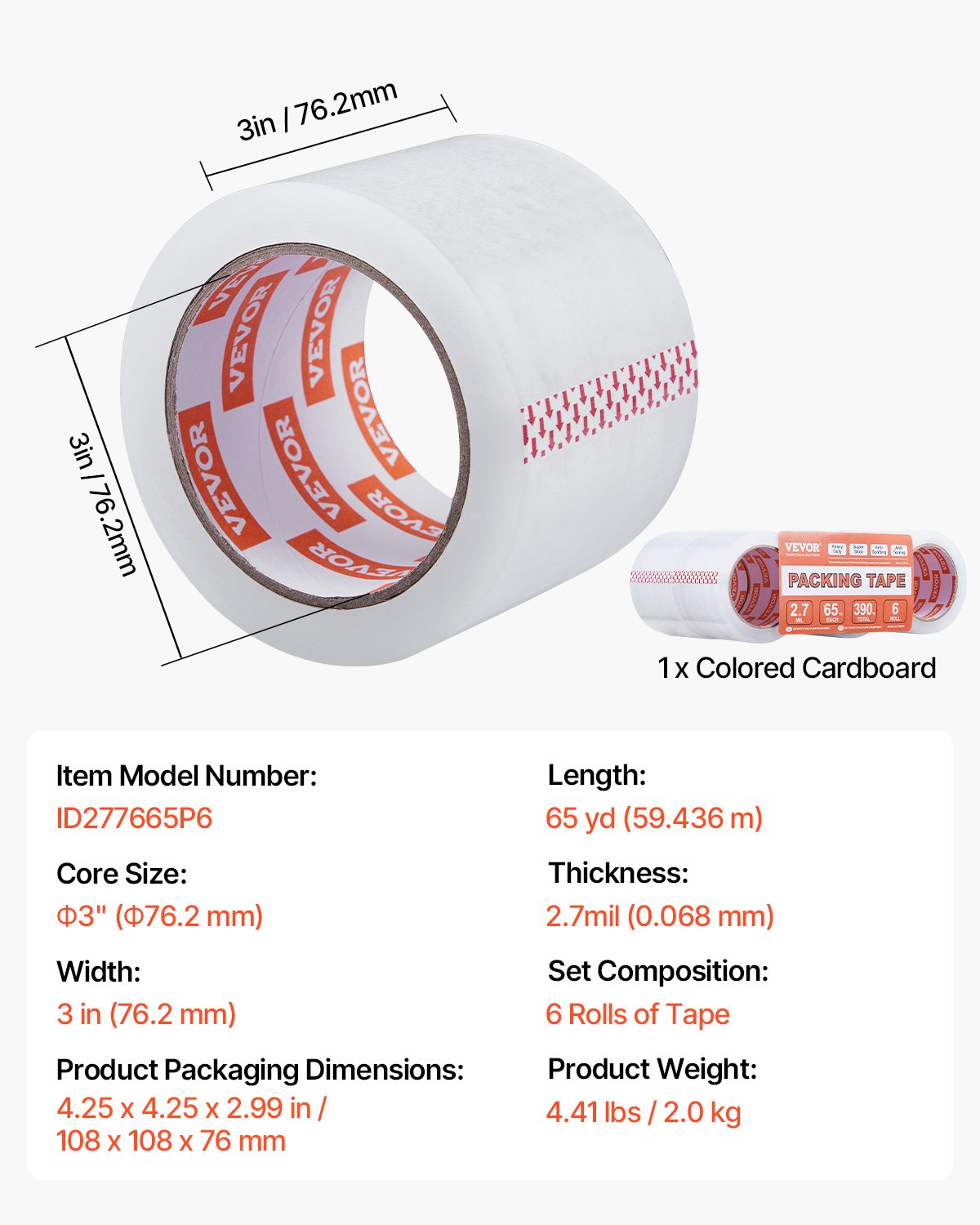 Tape & Dispensers: VEVOR Clear Packing Tape 6 Rolls 65 Yards Heavy Duty Clear Packing Tapes 2.7 Mil