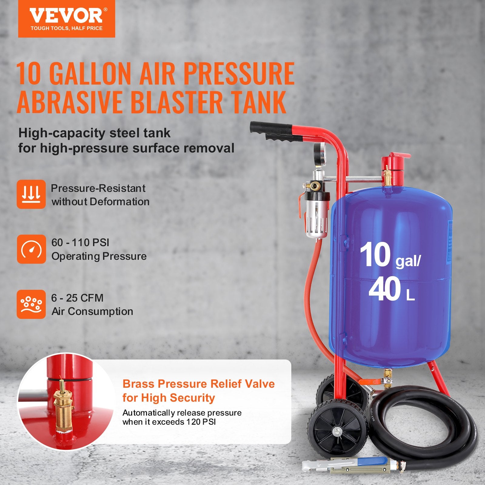 Gardening Tools: VEVOR 10Gal/40L Sandblaster Equipped w/Nozzle Shut-Off Valve Pressure Gauge Ceramic Nozzle Rubber Wheels Grit Power Sand Blasters Portable Sandblasting Equipment