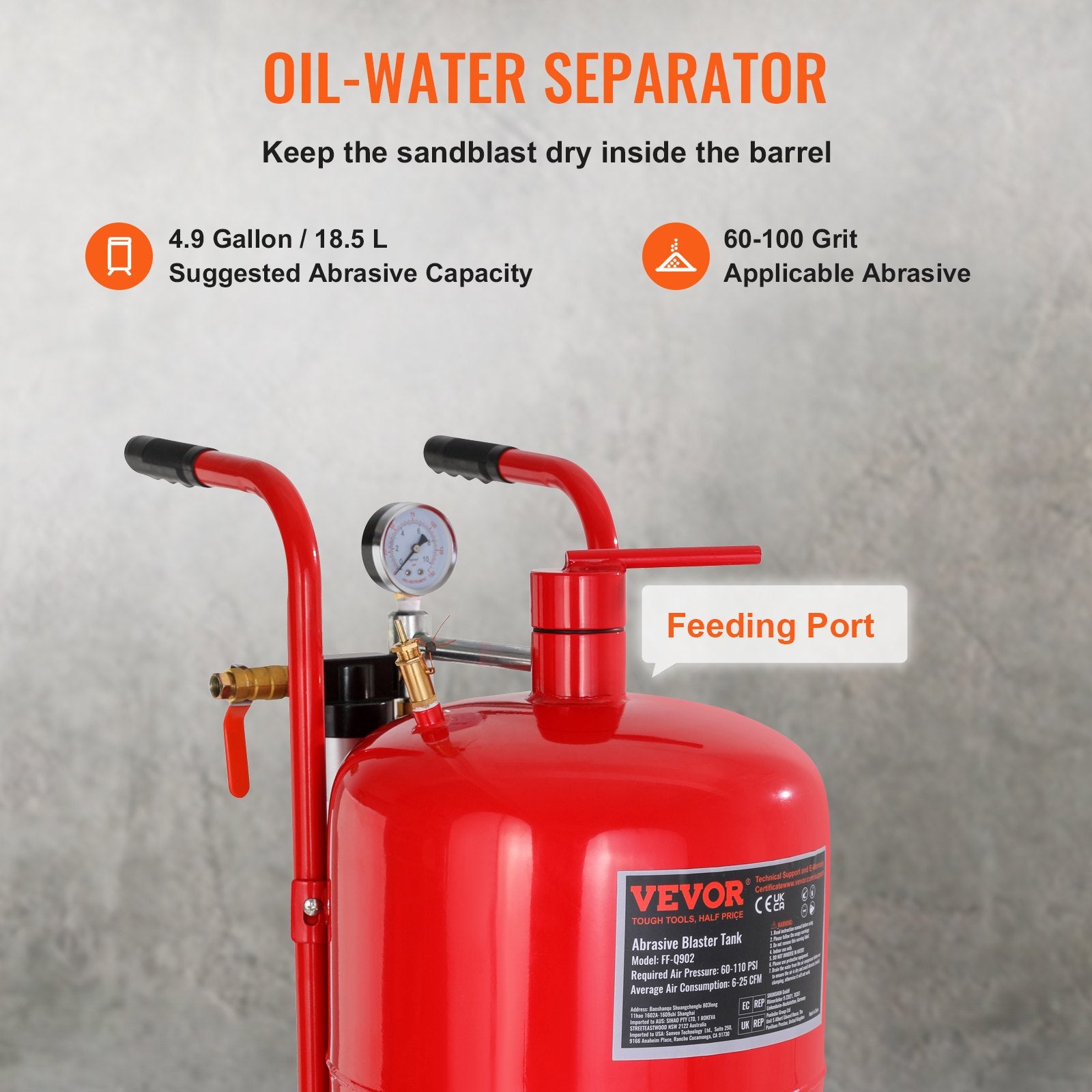 Gardening Tools: VEVOR 10Gal/40L Sandblaster Equipped w/Nozzle Shut-Off Valve Pressure Gauge Ceramic Nozzle Rubber Wheels Grit Power Sand Blasters Portable Sandblasting Equipment