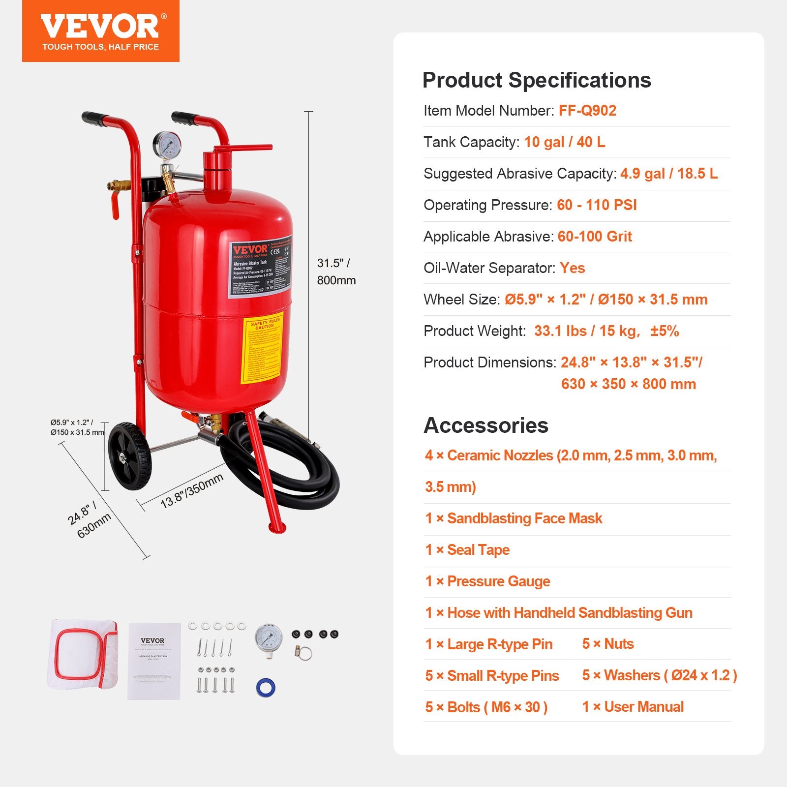 Gardening Tools: VEVOR 10Gal/40L Sandblaster Equipped w/Nozzle Shut-Off Valve Pressure Gauge Ceramic Nozzle Rubber Wheels Grit Power Sand Blasters Portable Sandblasting Equipment