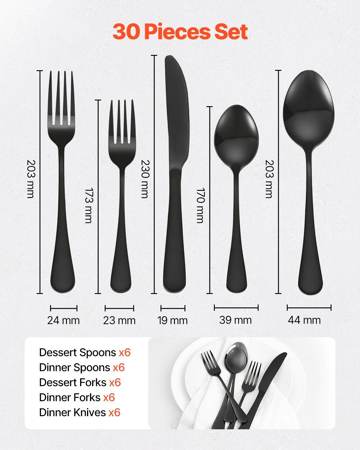 Cutlery: VEVOR 30-Piece Black Silverware Set, Food-Grade Stainless Steel Flatware Utensils for 6, Mirror Finished Cutlery Set, Dishwasher Safe Eating Tableware for Kitchen Home, Include Knife Fork Spoon