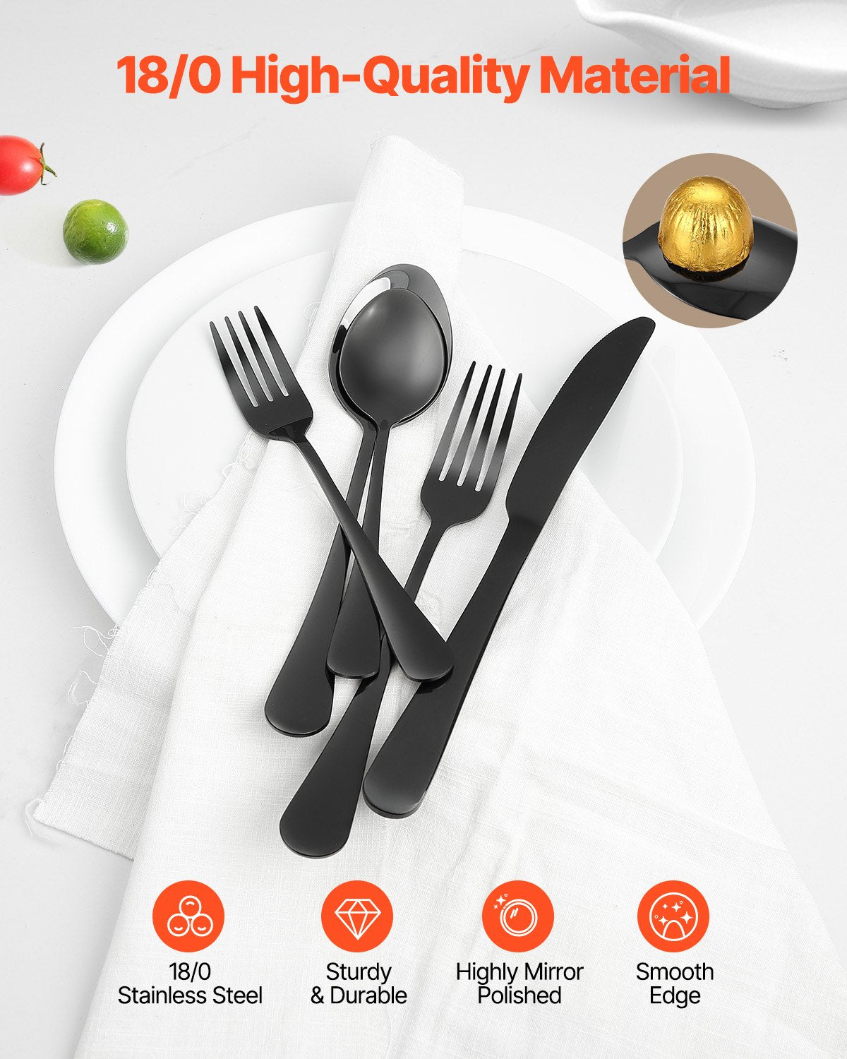 Cutlery: VEVOR 30-Piece Black Silverware Set, Food-Grade Stainless Steel Flatware Utensils for 6, Mirror Finished Cutlery Set, Dishwasher Safe Eating Tableware for Kitchen Home, Include Knife Fork Spoon