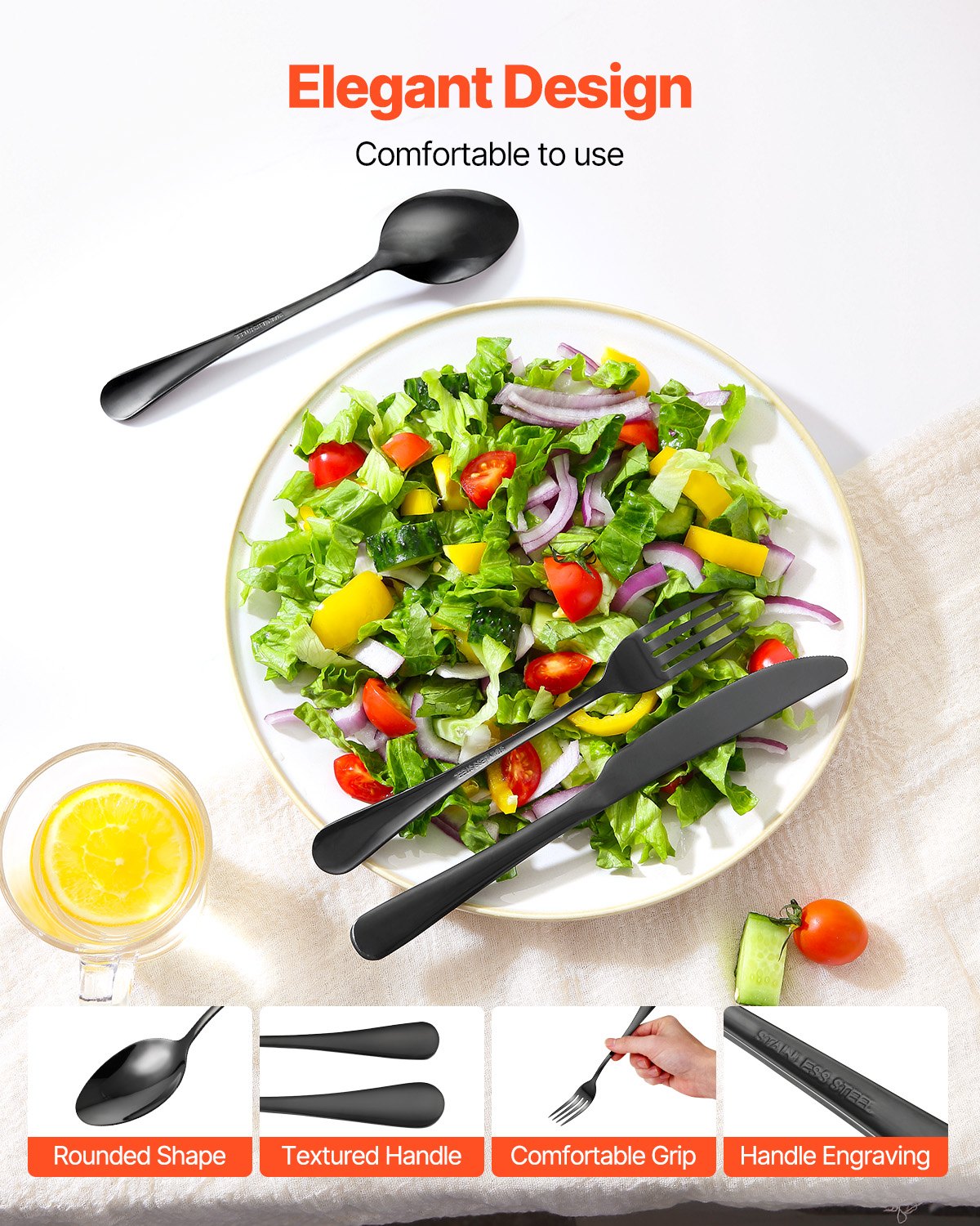 Cutlery: VEVOR 30-Piece Black Silverware Set, Food-Grade Stainless Steel Flatware Utensils for 6, Mirror Finished Cutlery Set, Dishwasher Safe Eating Tableware for Kitchen Home, Include Knife Fork Spoon