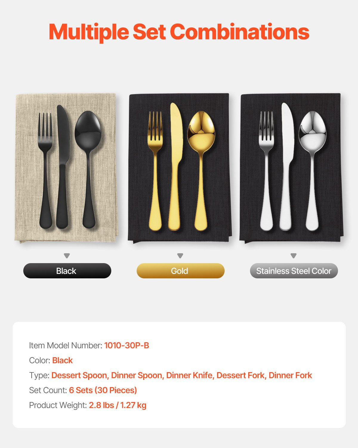 Cutlery: VEVOR 30-Piece Black Silverware Set, Food-Grade Stainless Steel Flatware Utensils for 6, Mirror Finished Cutlery Set, Dishwasher Safe Eating Tableware for Kitchen Home, Include Knife Fork Spoon